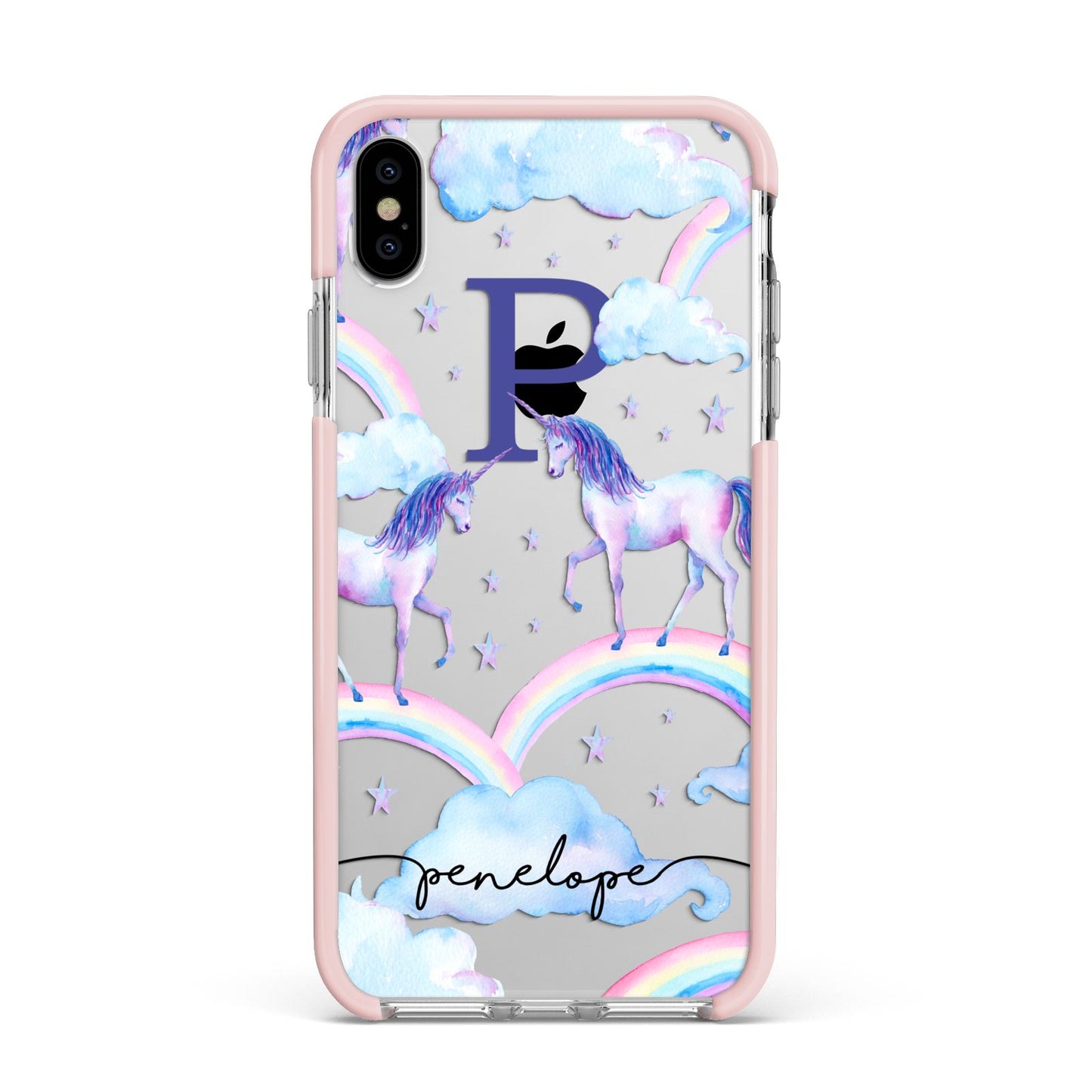 Personalised Unicorn Initial Apple iPhone Xs Max Impact Case Pink Edge on Silver Phone