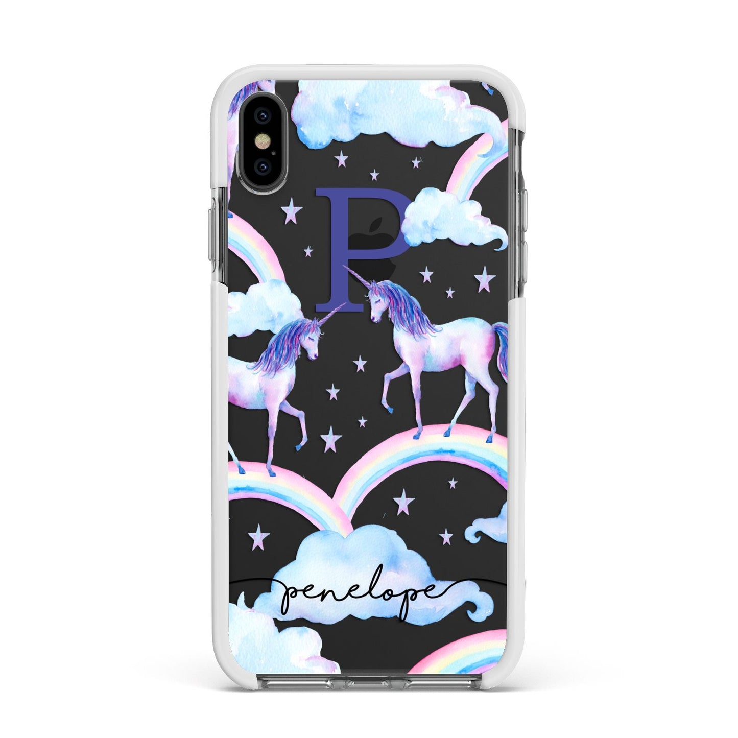 Personalised Unicorn Initial Apple iPhone Xs Max Impact Case White Edge on Black Phone