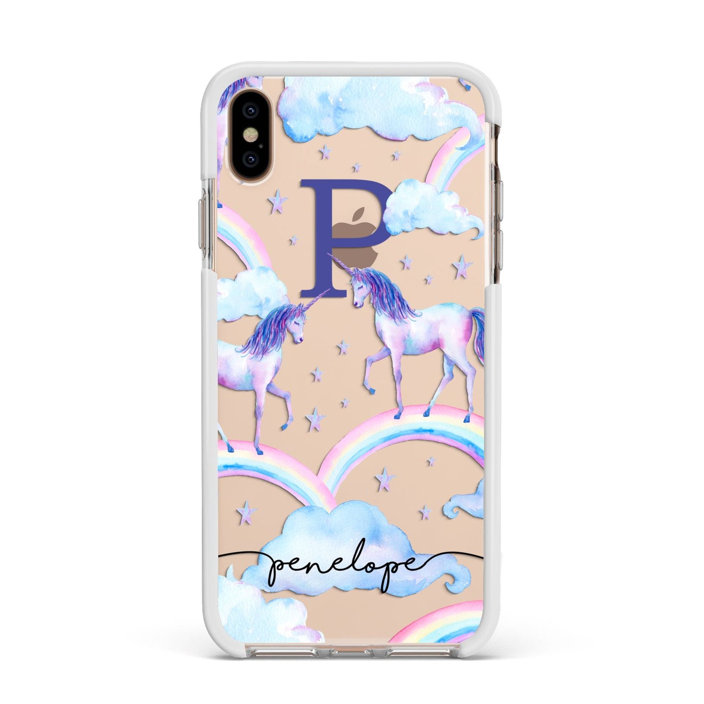 Personalised Unicorn Initial Apple iPhone Xs Max Impact Case White Edge on Gold Phone