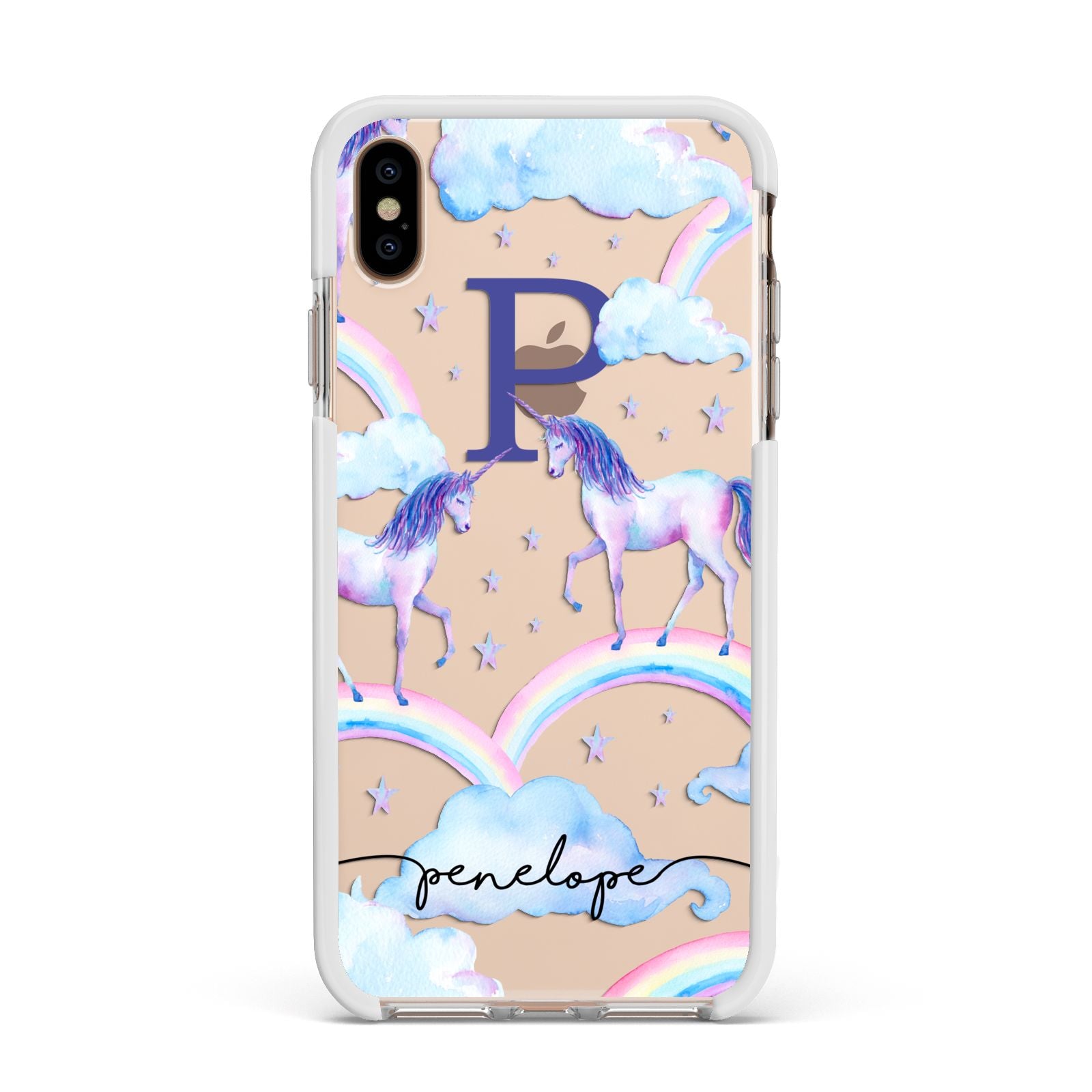 Personalised Unicorn Initial Apple iPhone Xs Max Impact Case White Edge on Gold Phone