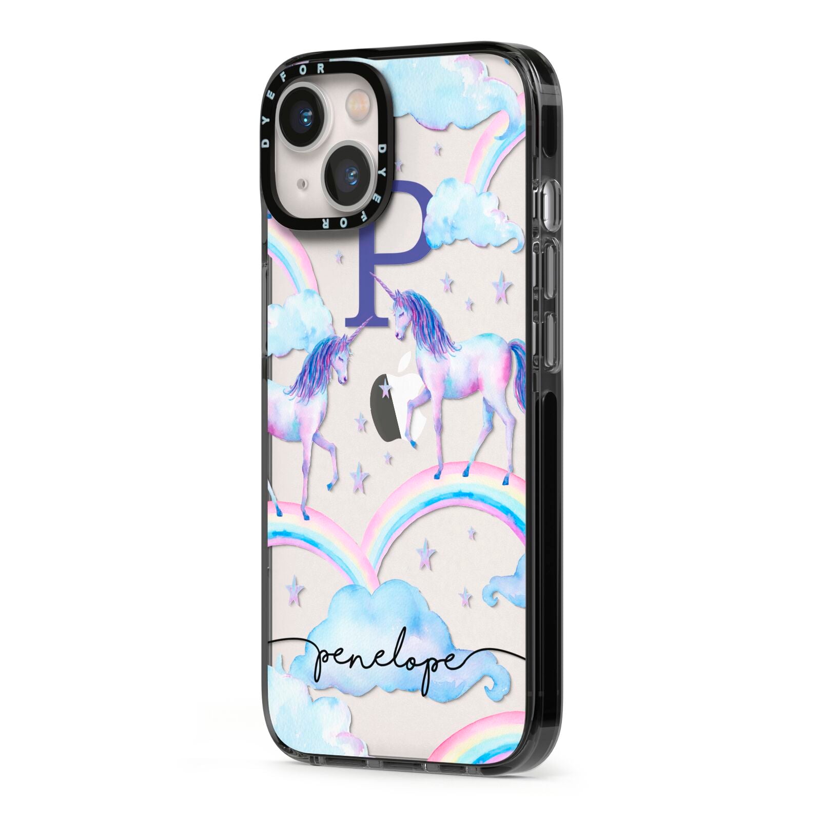 Personalised Unicorn Initial iPhone 13 Black Impact Case Side Angle on Silver phone