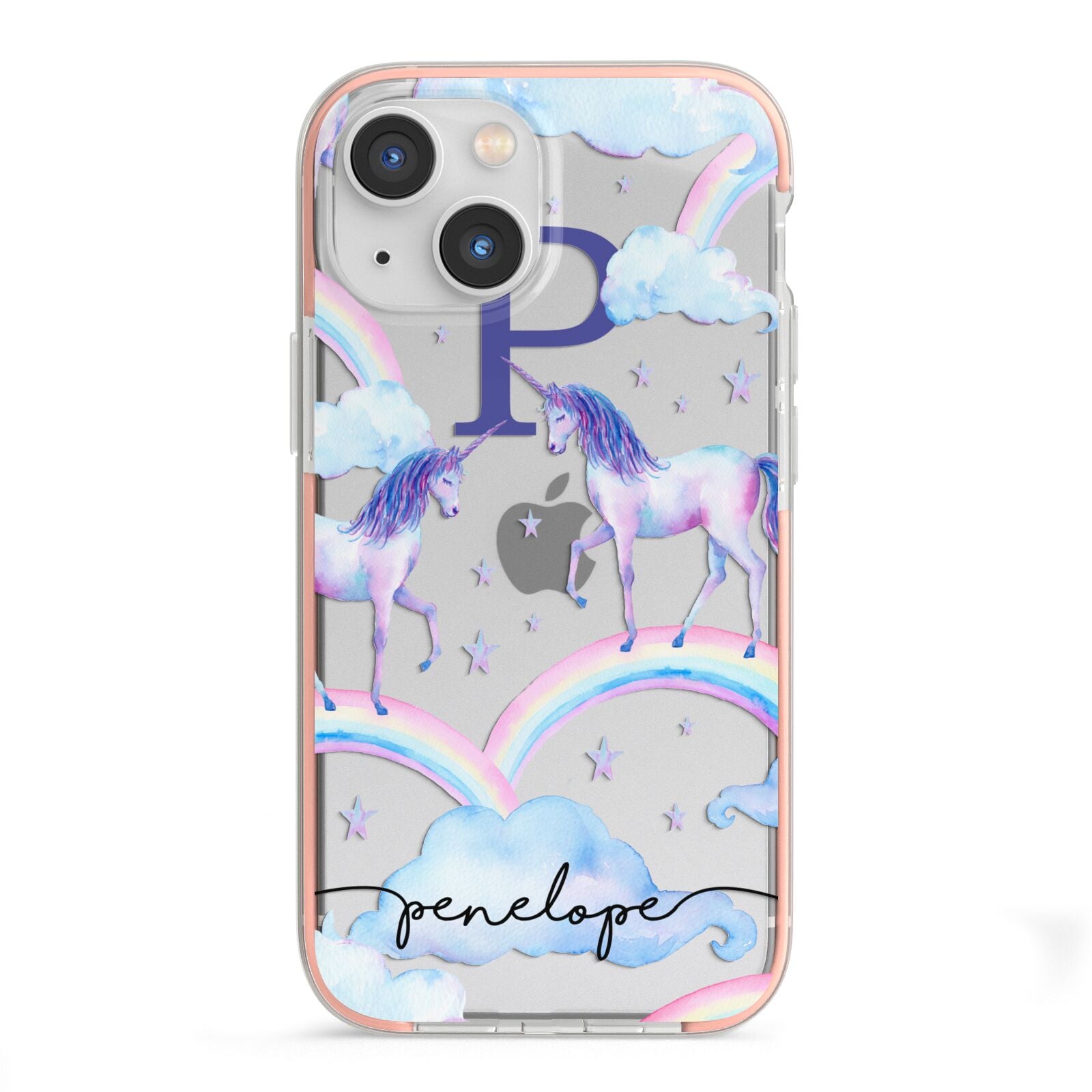 Personalised Unicorn Initial iPhone 13 Mini TPU Impact Case with Pink Edges