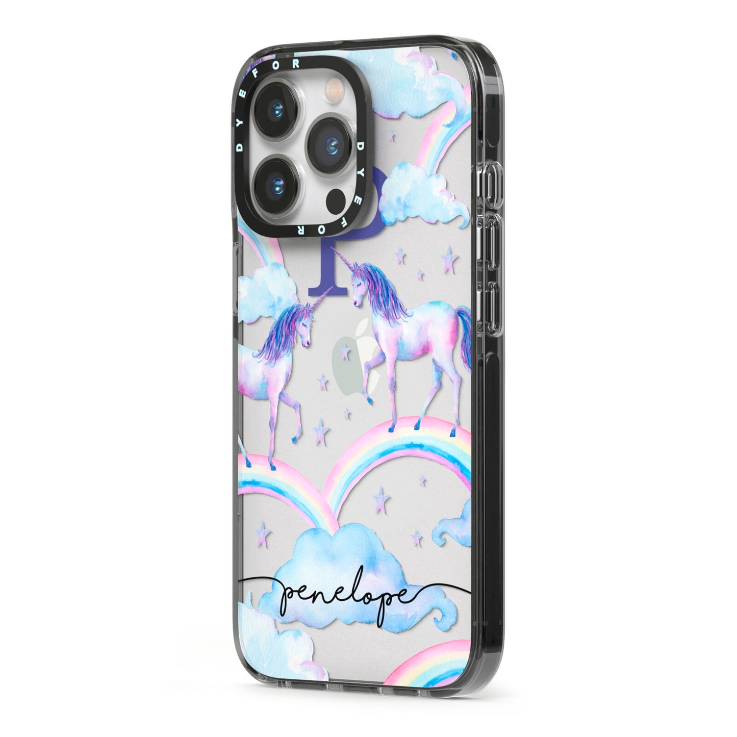 Personalised Unicorn Initial iPhone 13 Pro Black Impact Case Side Angle on Silver phone