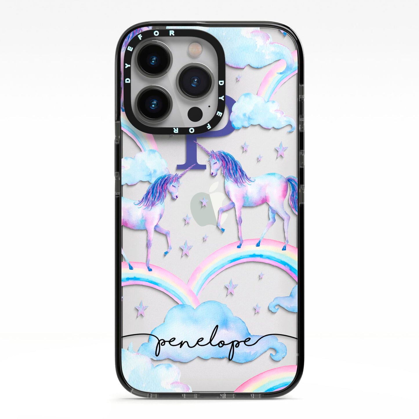 Personalised Unicorn Initial iPhone 13 Pro Black Impact Case on Silver phone