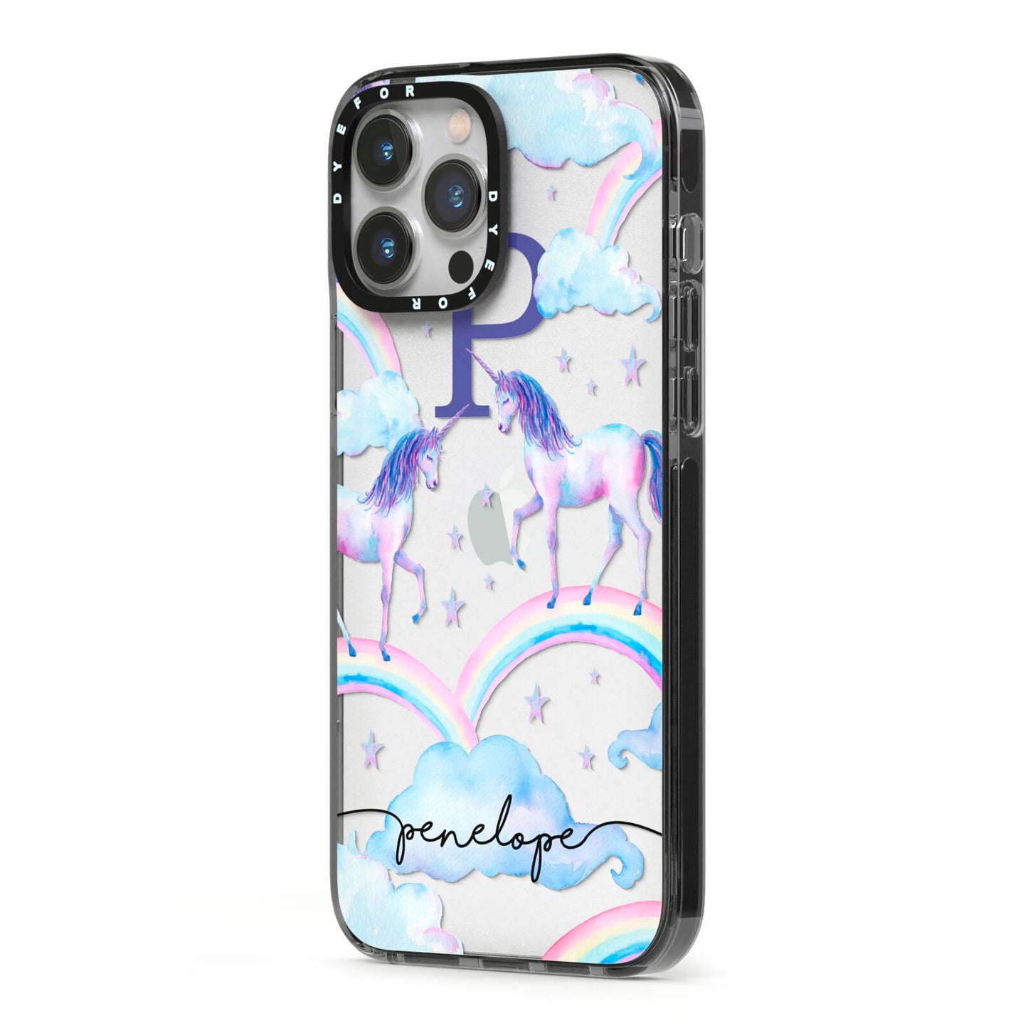 Personalised Unicorn Initial iPhone 13 Pro Max Black Impact Case Side Angle on Silver phone
