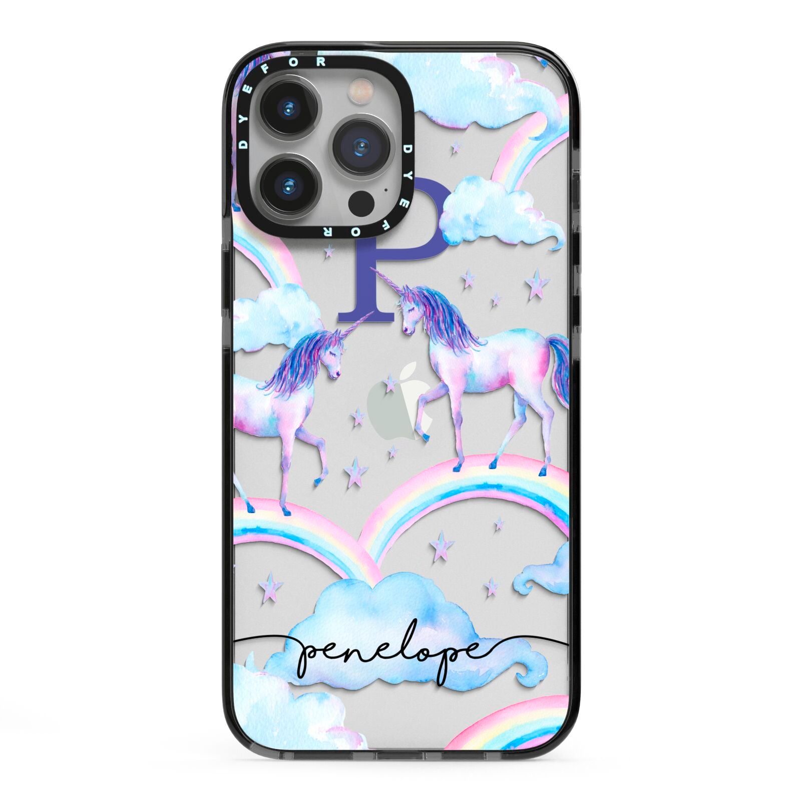 Personalised Unicorn Initial iPhone 13 Pro Max Black Impact Case on Silver phone
