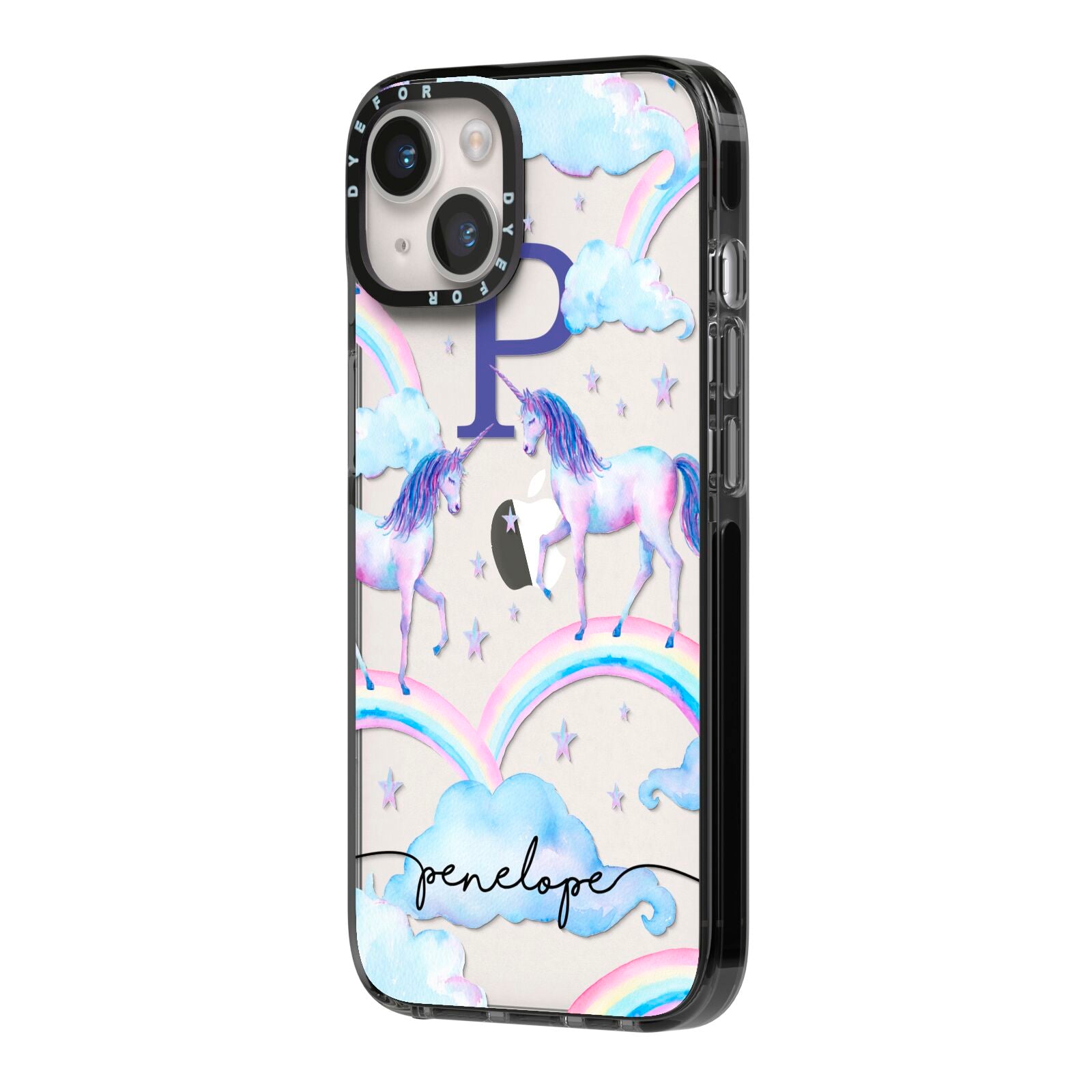Personalised Unicorn Initial iPhone 14 Black Impact Case Side Angle on Silver phone