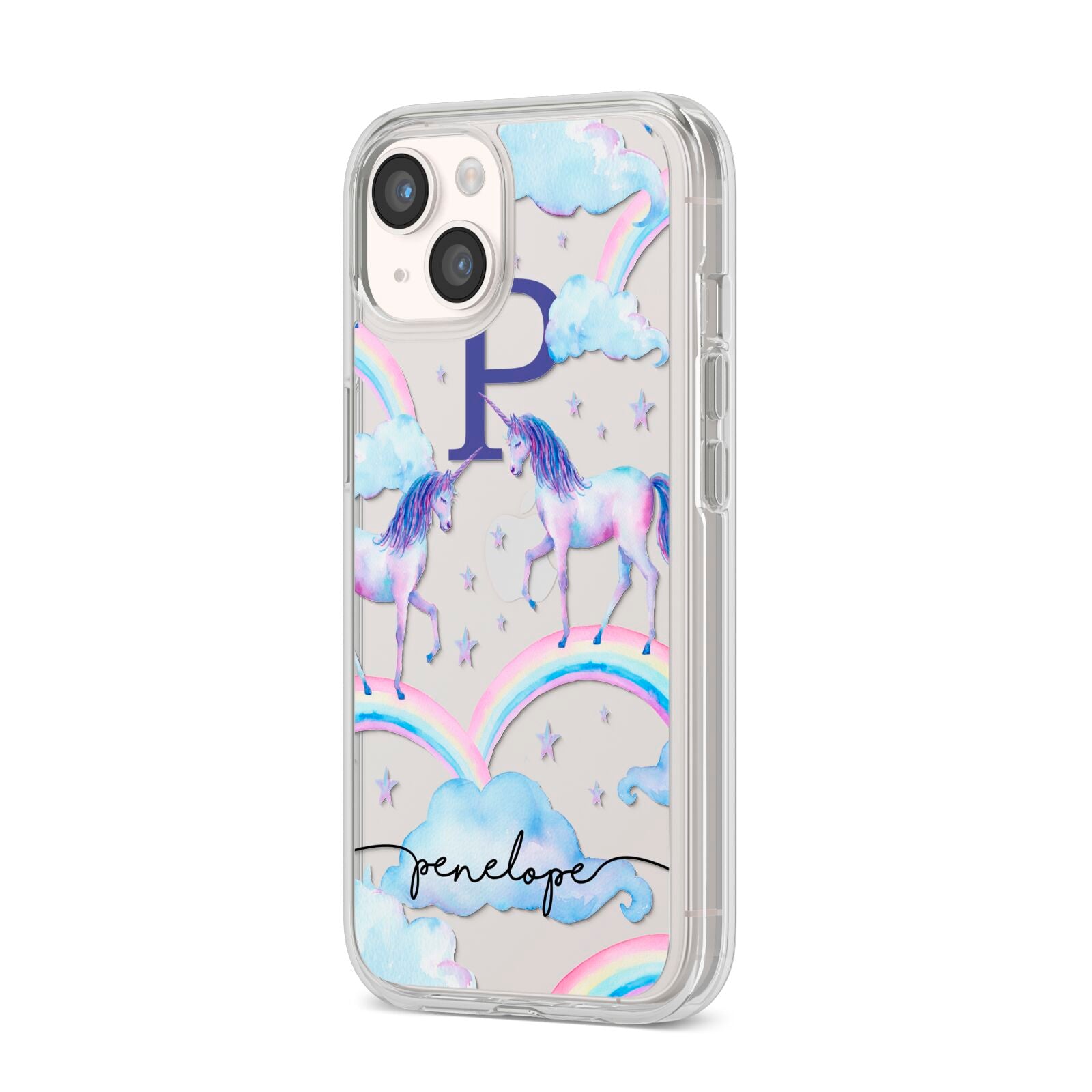 Personalised Unicorn Initial iPhone 14 Clear Tough Case Starlight Angled Image