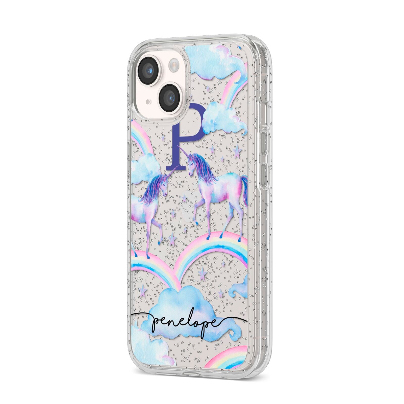 Personalised Unicorn Initial iPhone 14 Glitter Tough Case Starlight Angled Image