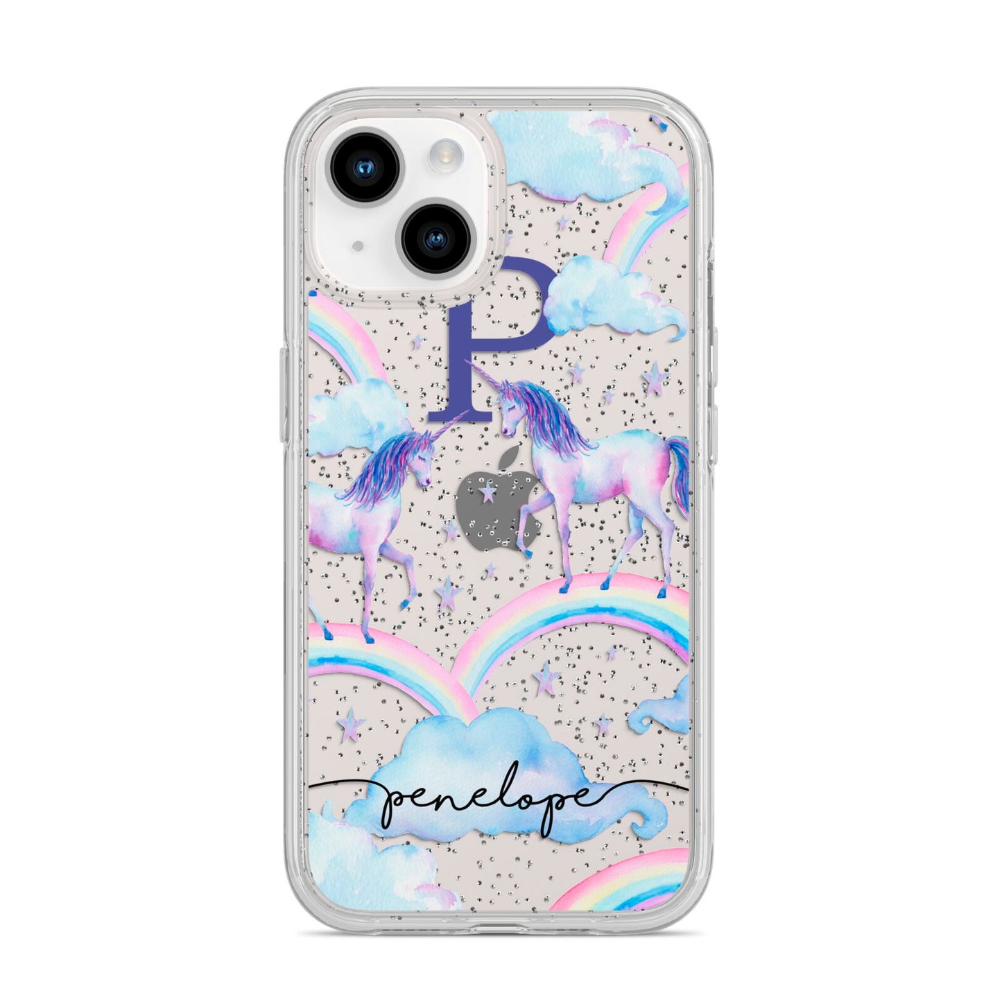 Personalised Unicorn Initial iPhone 14 Glitter Tough Case Starlight