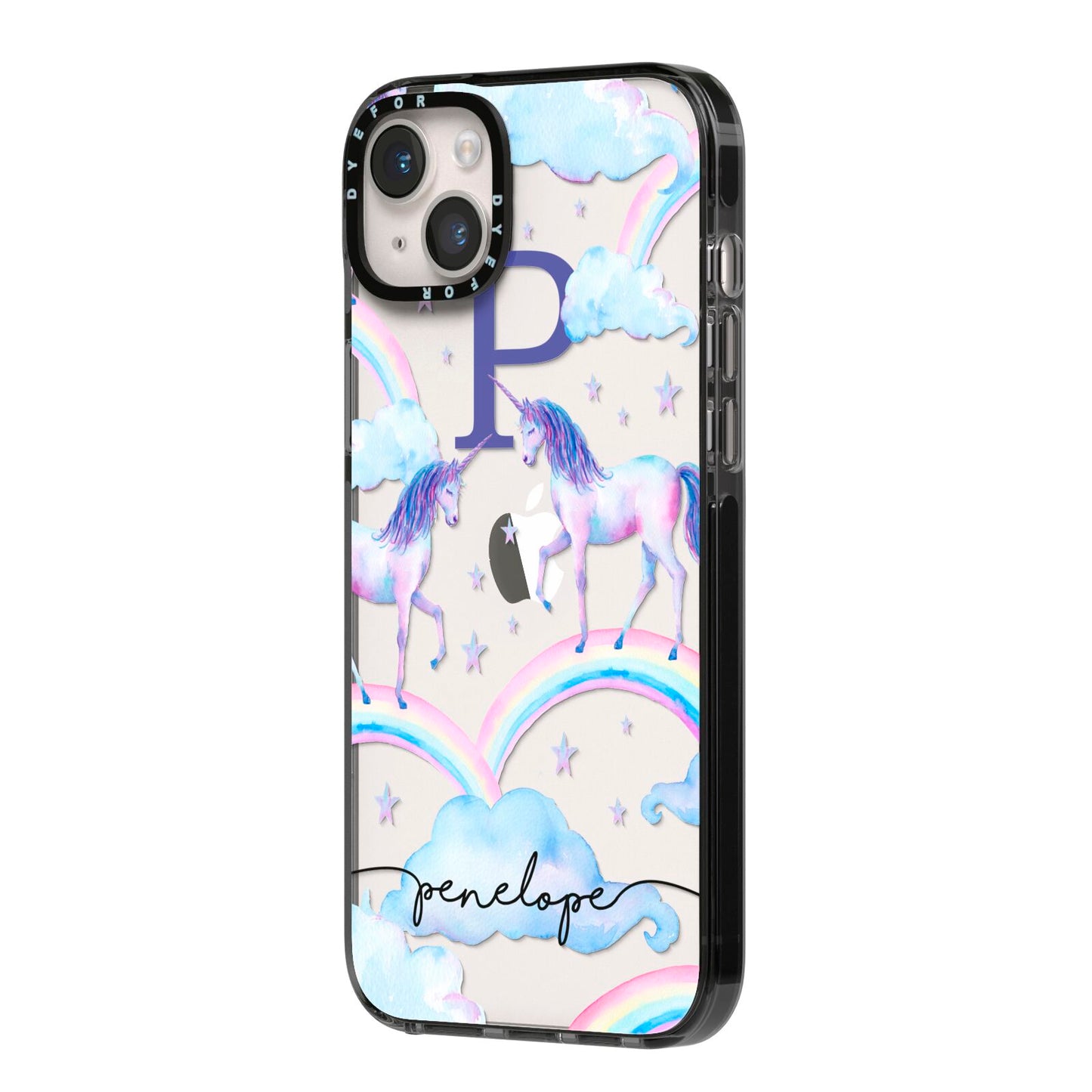 Personalised Unicorn Initial iPhone 14 Plus Black Impact Case Side Angle on Silver phone
