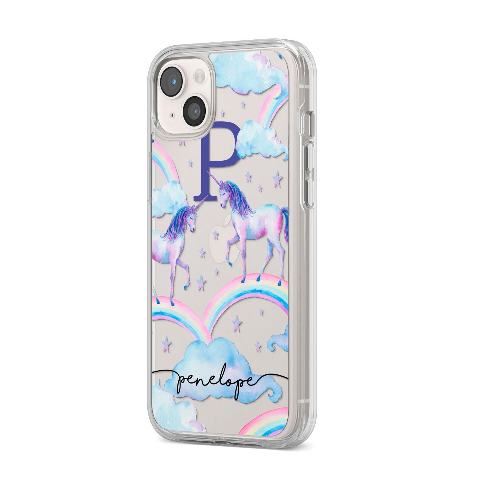 Personalised Unicorn Initial iPhone 14 Plus Clear Tough Case Starlight Angled Image