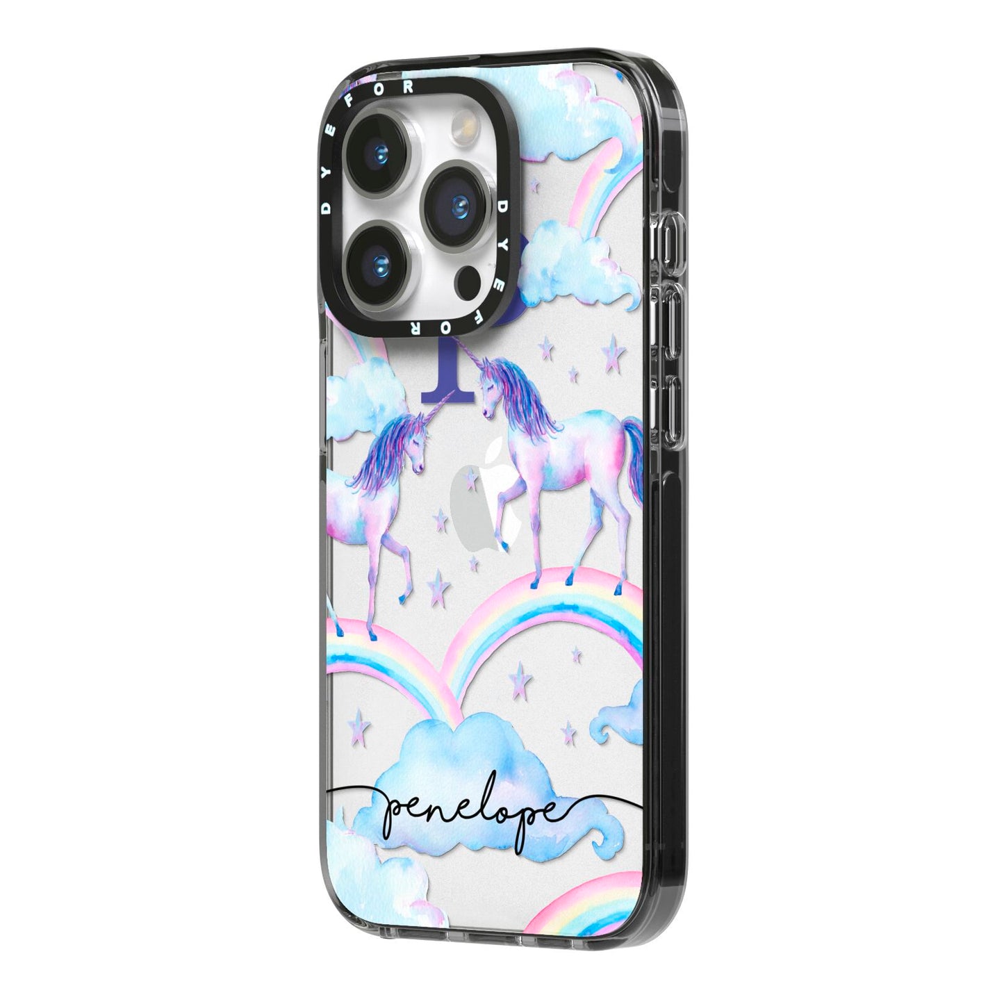 Personalised Unicorn Initial iPhone 14 Pro Black Impact Case Side Angle on Silver phone