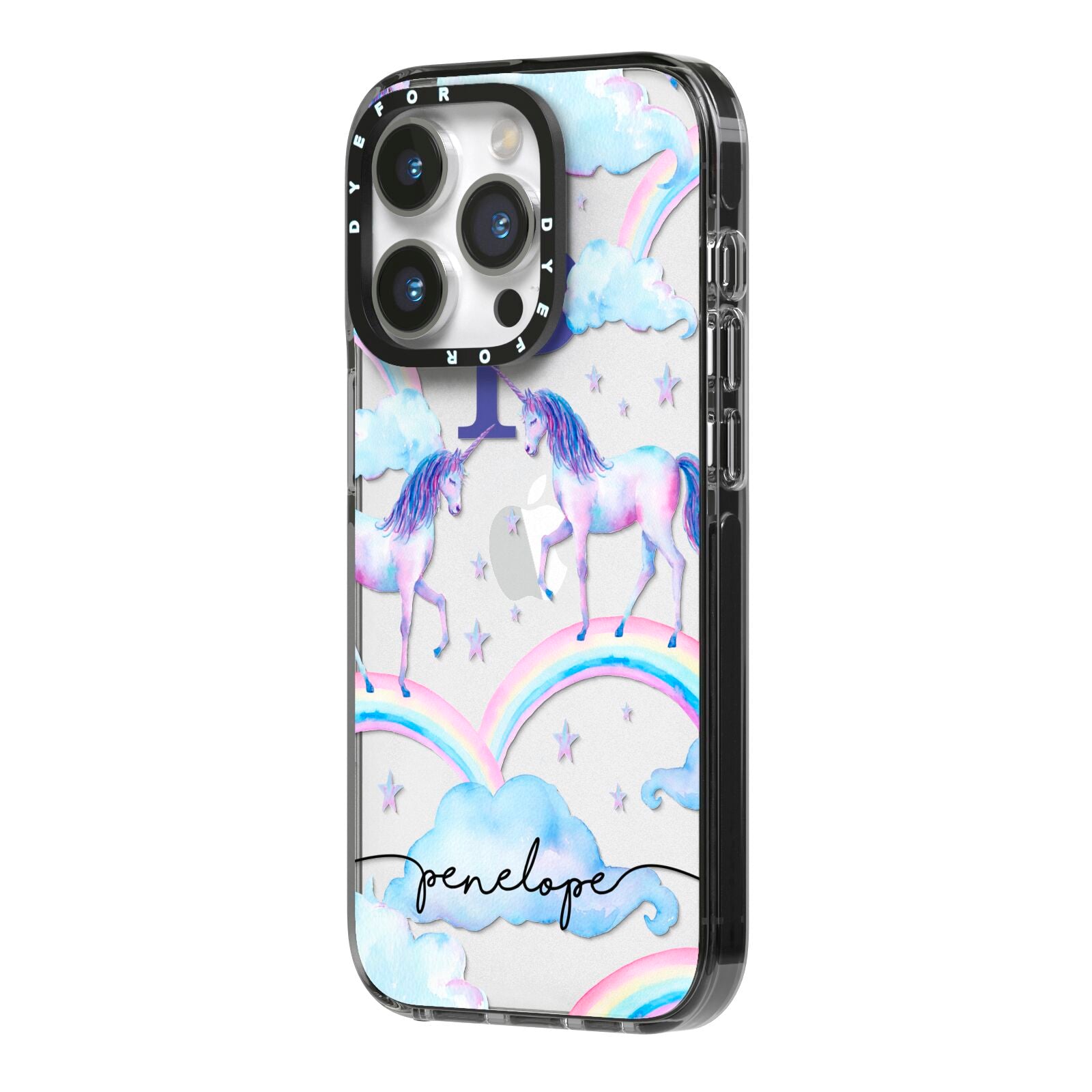 Personalised Unicorn Initial iPhone 14 Pro Black Impact Case Side Angle on Silver phone
