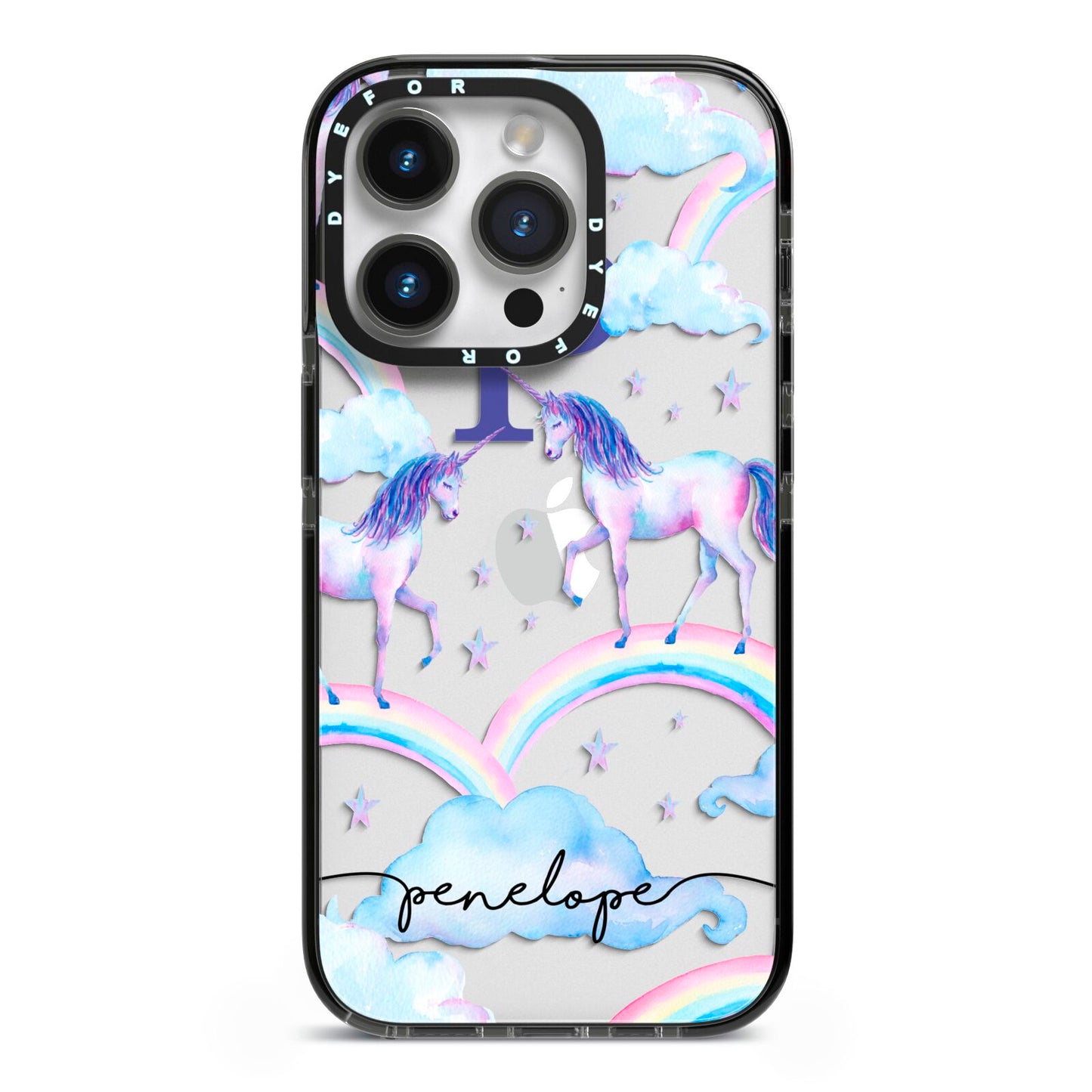 Personalised Unicorn Initial iPhone 14 Pro Black Impact Case on Silver phone