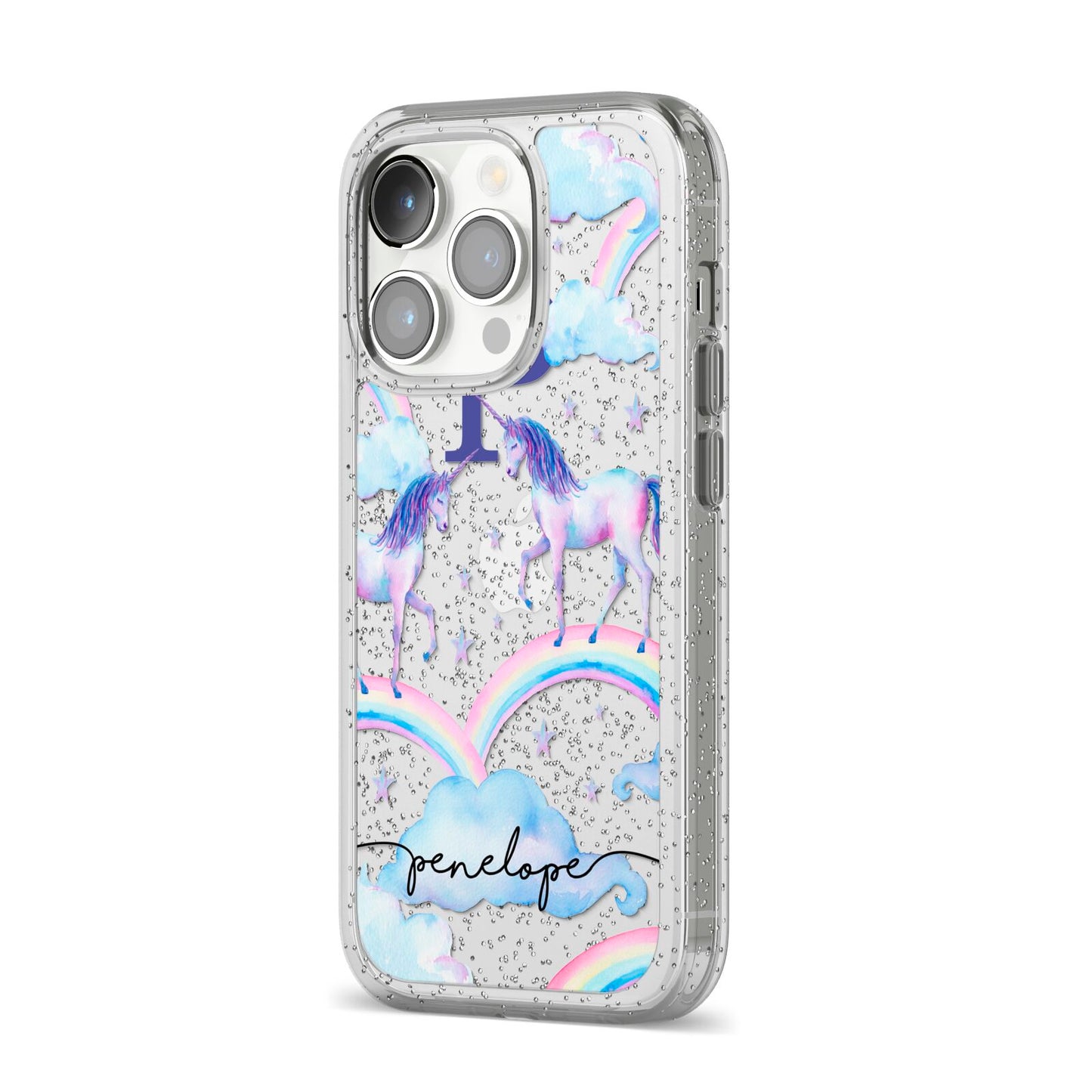 Personalised Unicorn Initial iPhone 14 Pro Glitter Tough Case Silver Angled Image