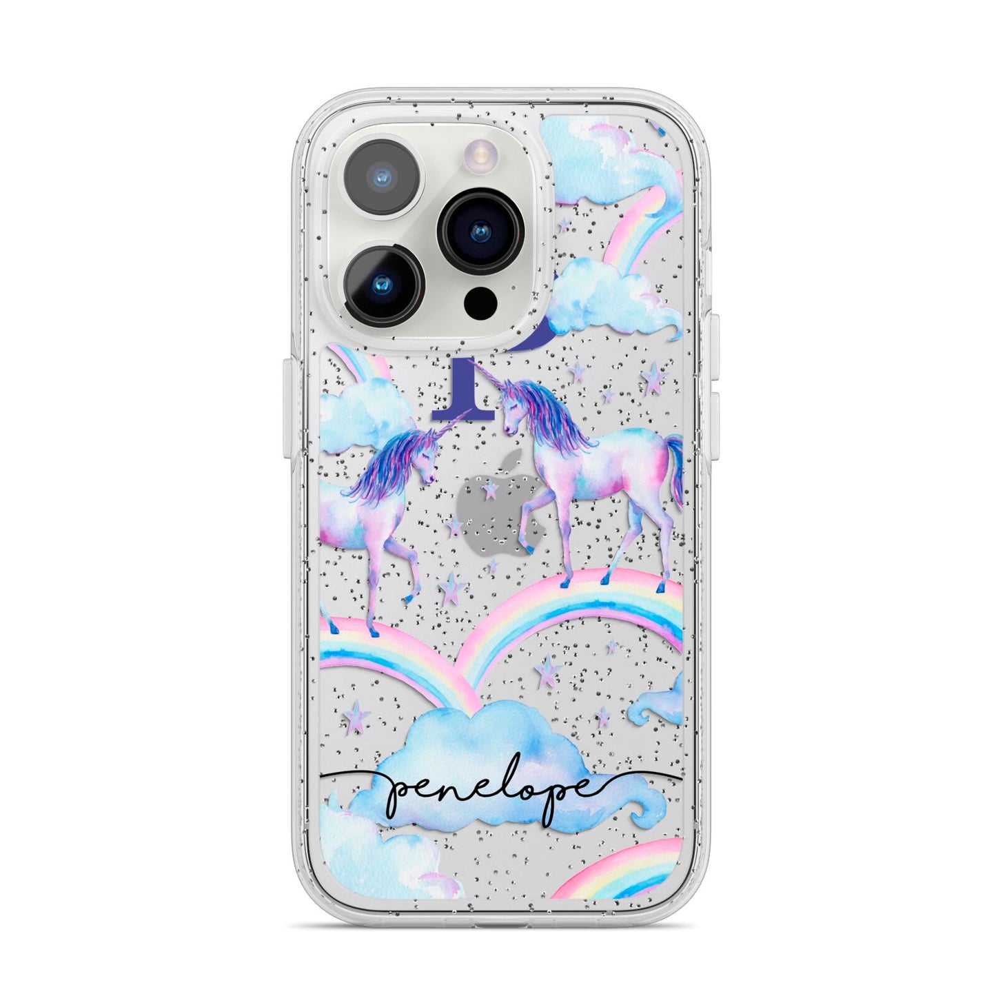 Personalised Unicorn Initial iPhone 14 Pro Glitter Tough Case Silver