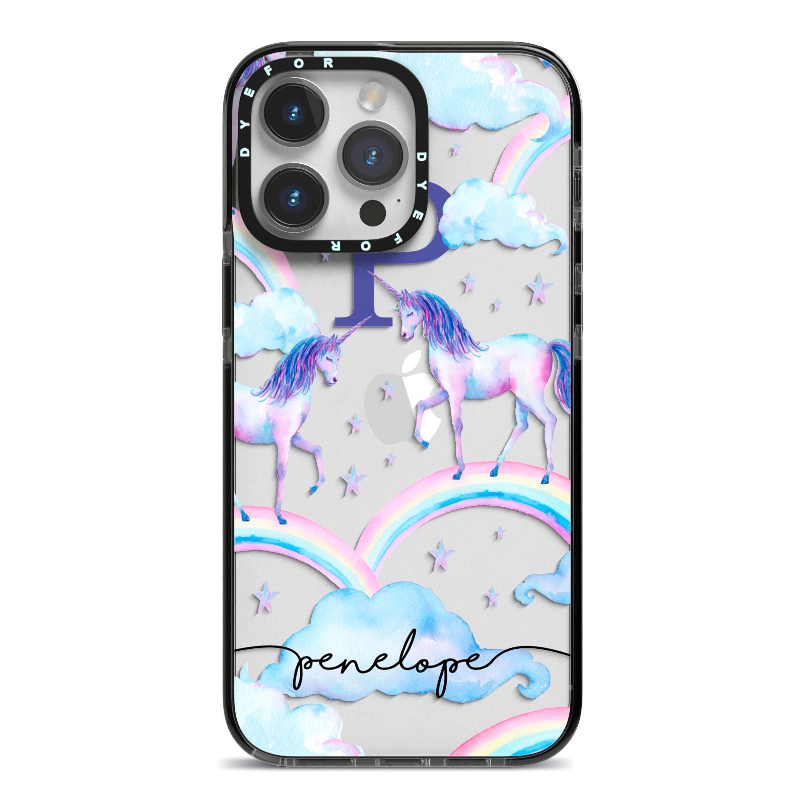 Personalised Unicorn Initial iPhone 14 Pro Max Black Impact Case on Silver phone