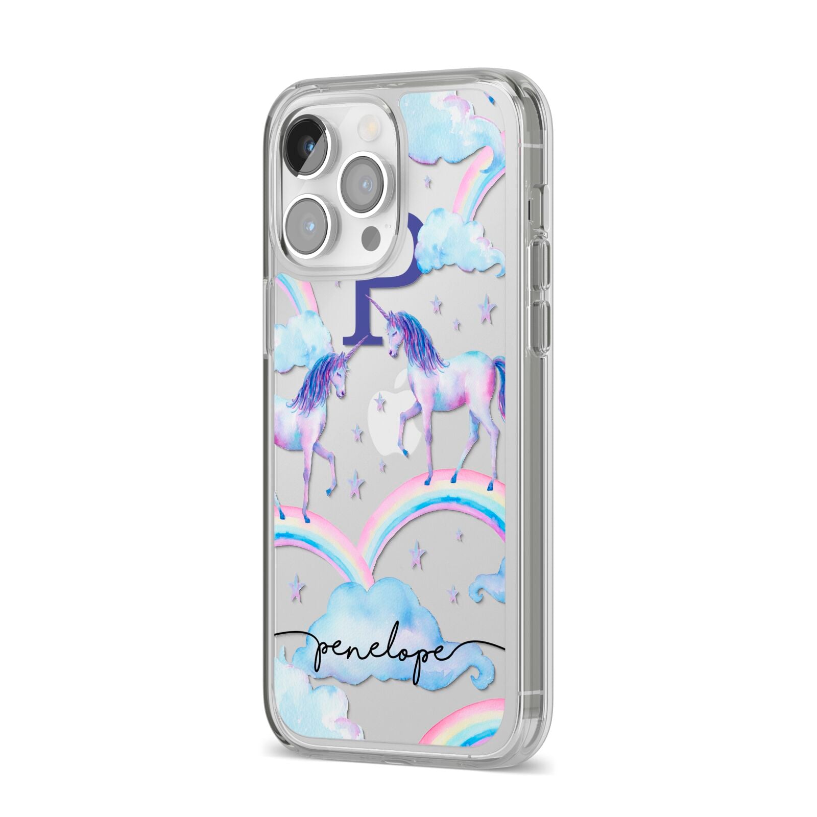 Personalised Unicorn Initial iPhone 14 Pro Max Clear Tough Case Silver Angled Image