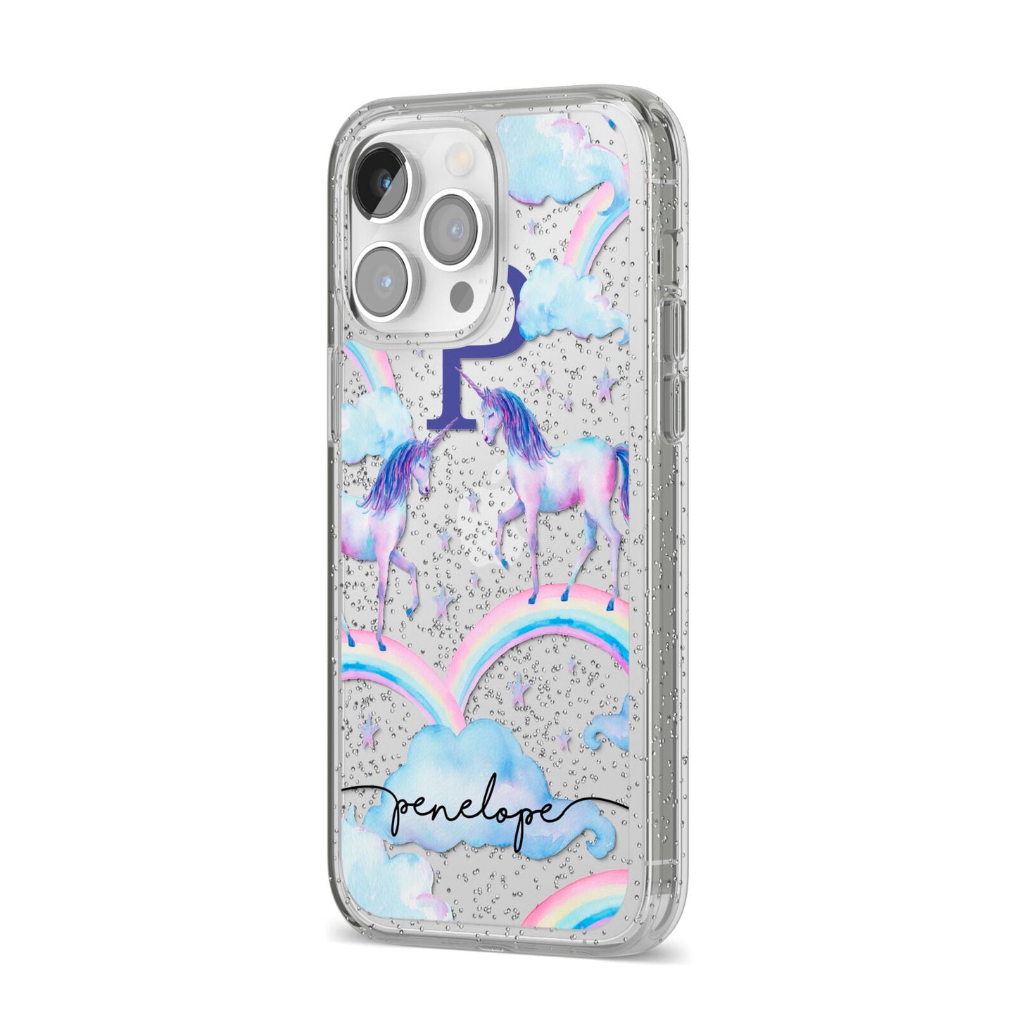 Personalised Unicorn Initial iPhone 14 Pro Max Glitter Tough Case Silver Angled Image
