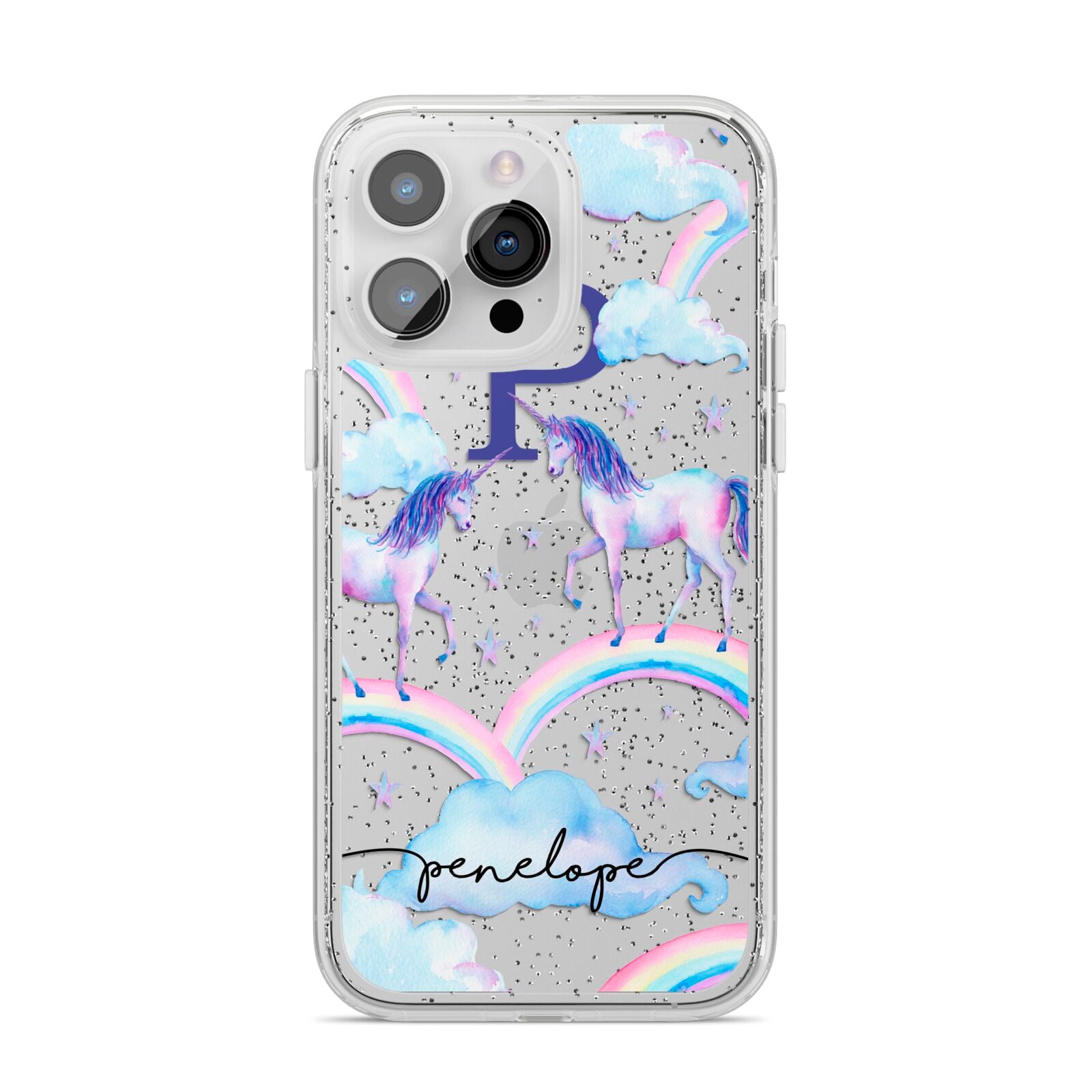 Personalised Unicorn Initial iPhone 14 Pro Max Glitter Tough Case Silver
