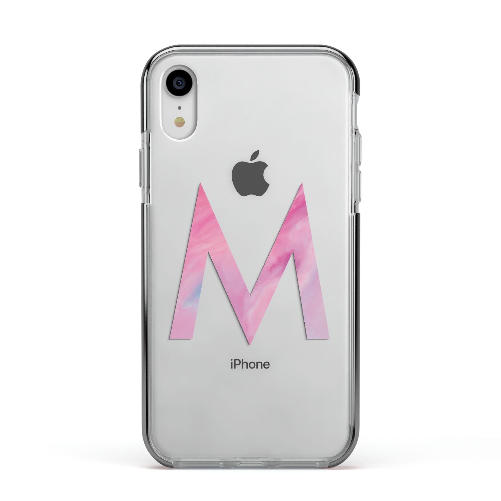 Personalised Unicorn Marble Initial Clear Custom Apple iPhone XR Impact Case Black Edge on Silver Phone