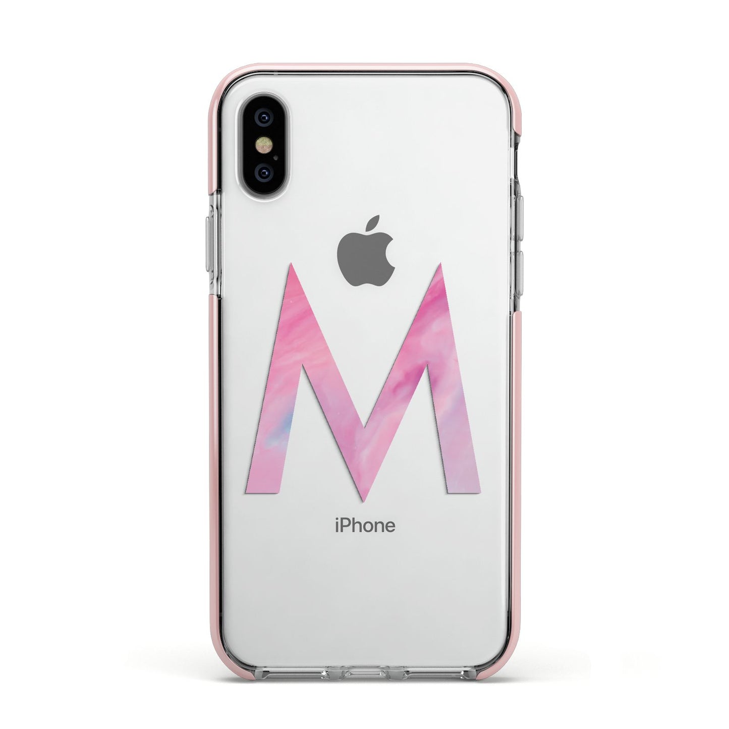 Personalised Unicorn Marble Initial Clear Custom Apple iPhone Xs Impact Case Pink Edge on Silver Phone