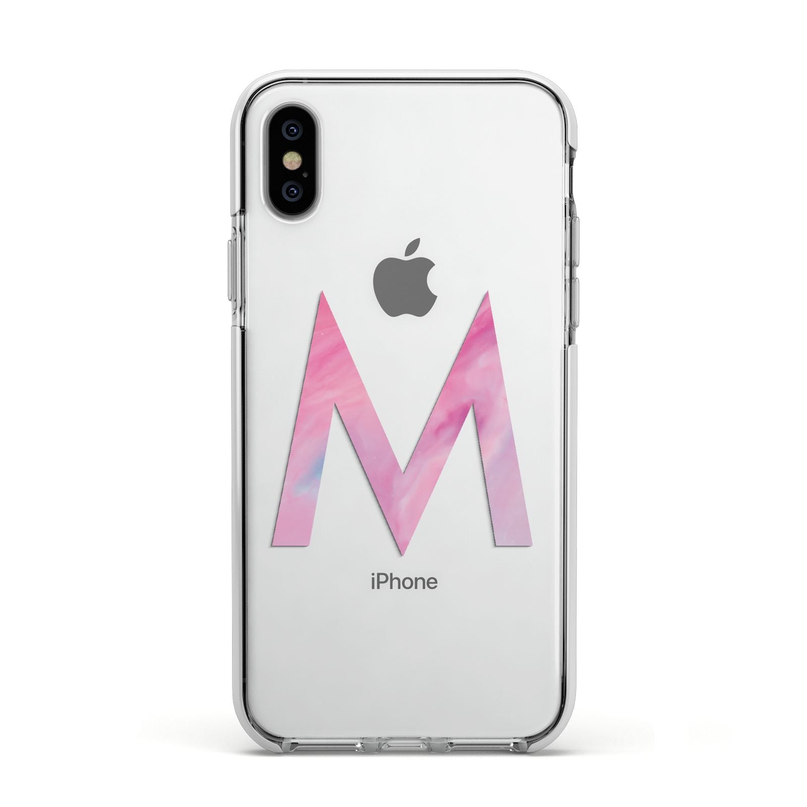 Personalised Unicorn Marble Initial Clear Custom Apple iPhone Xs Impact Case White Edge on Silver Phone