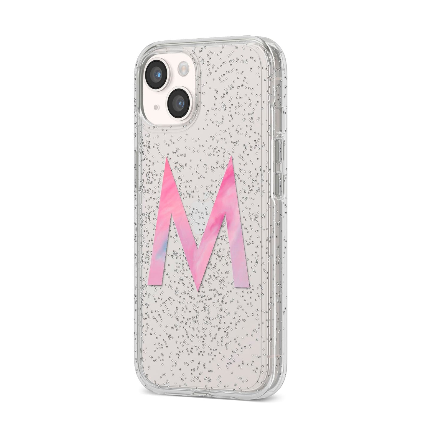 Personalised Unicorn Marble Initial Clear Custom iPhone 14 Glitter Tough Case Starlight Angled Image