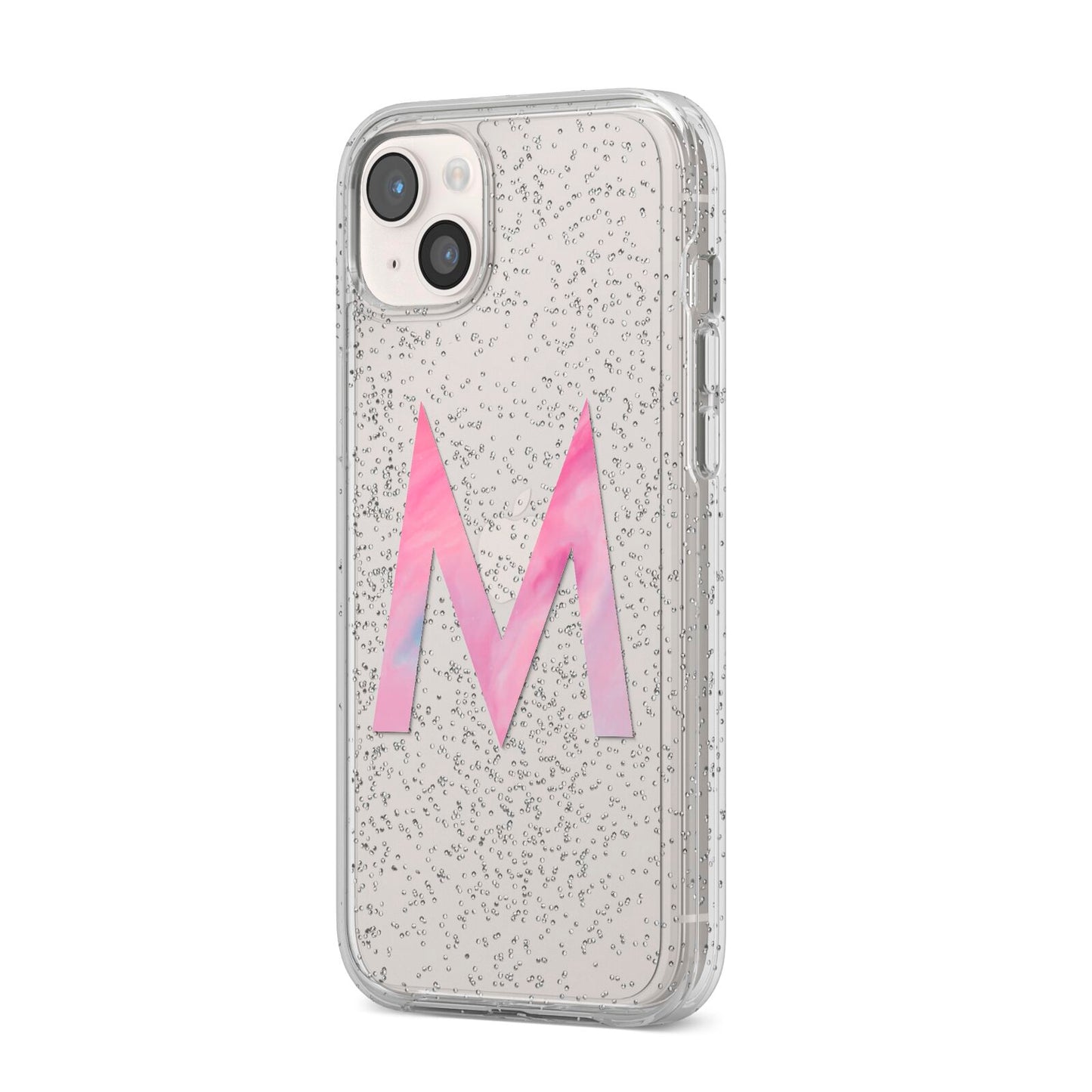 Personalised Unicorn Marble Initial Clear Custom iPhone 14 Plus Glitter Tough Case Starlight Angled Image