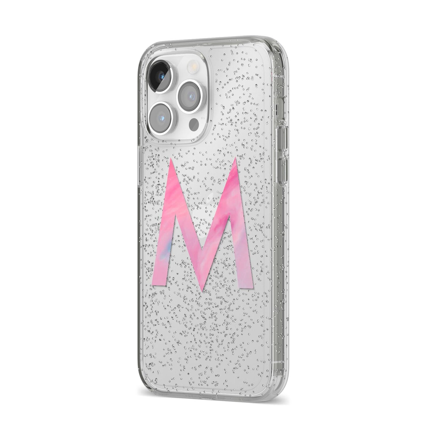 Personalised Unicorn Marble Initial Clear Custom iPhone 14 Pro Max Glitter Tough Case Silver Angled Image