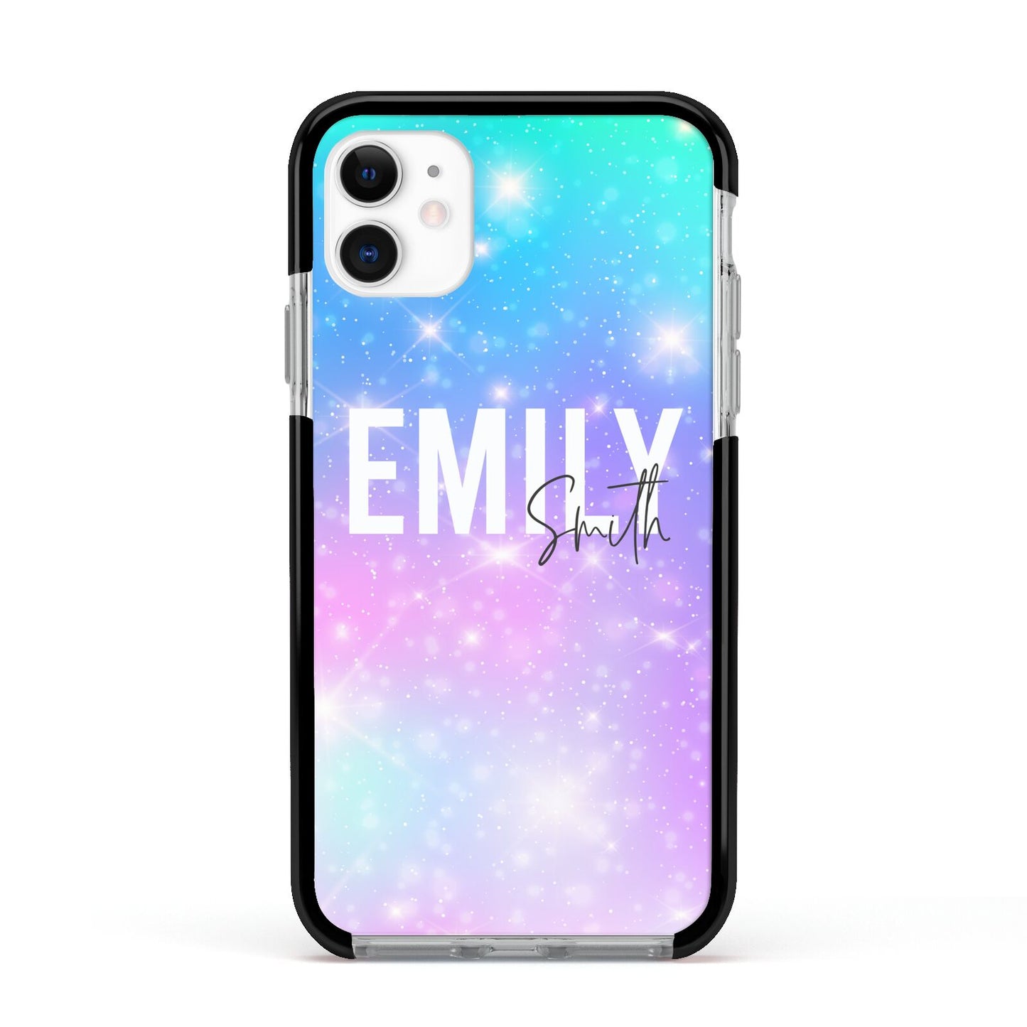 Personalised Unicorn Marble Name Apple iPhone 11 in White with Black Impact Case