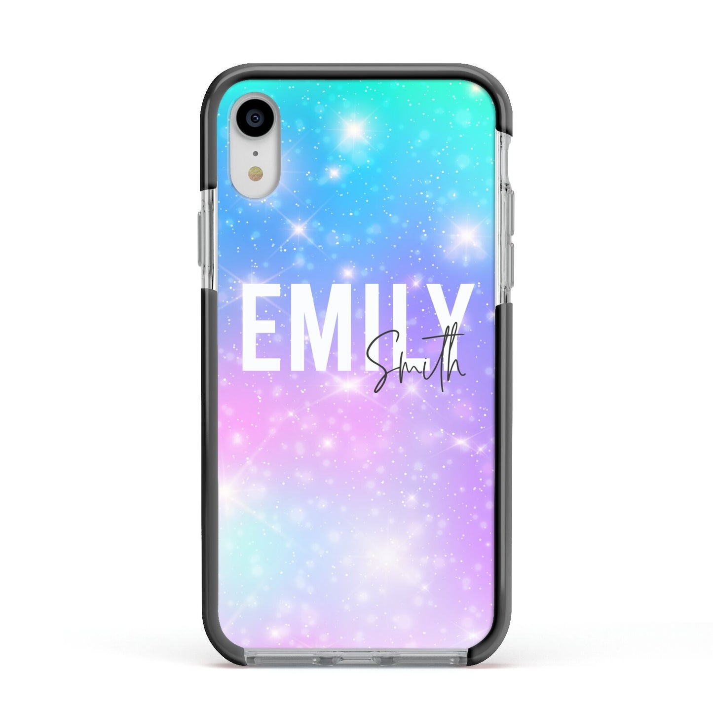 Personalised Unicorn Marble Name Apple iPhone XR Impact Case Black Edge on Silver Phone