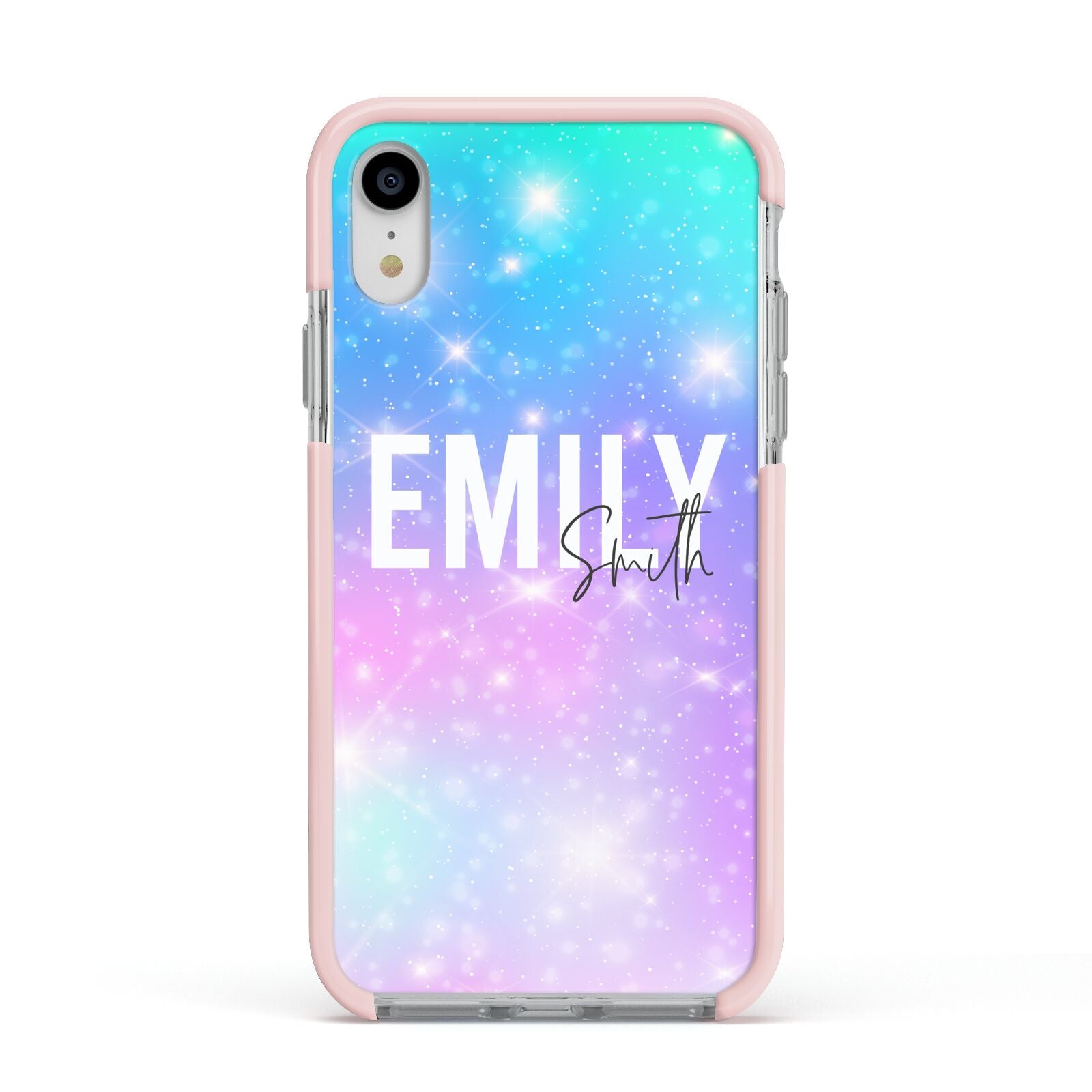 Personalised Unicorn Marble Name Apple iPhone XR Impact Case Pink Edge on Silver Phone
