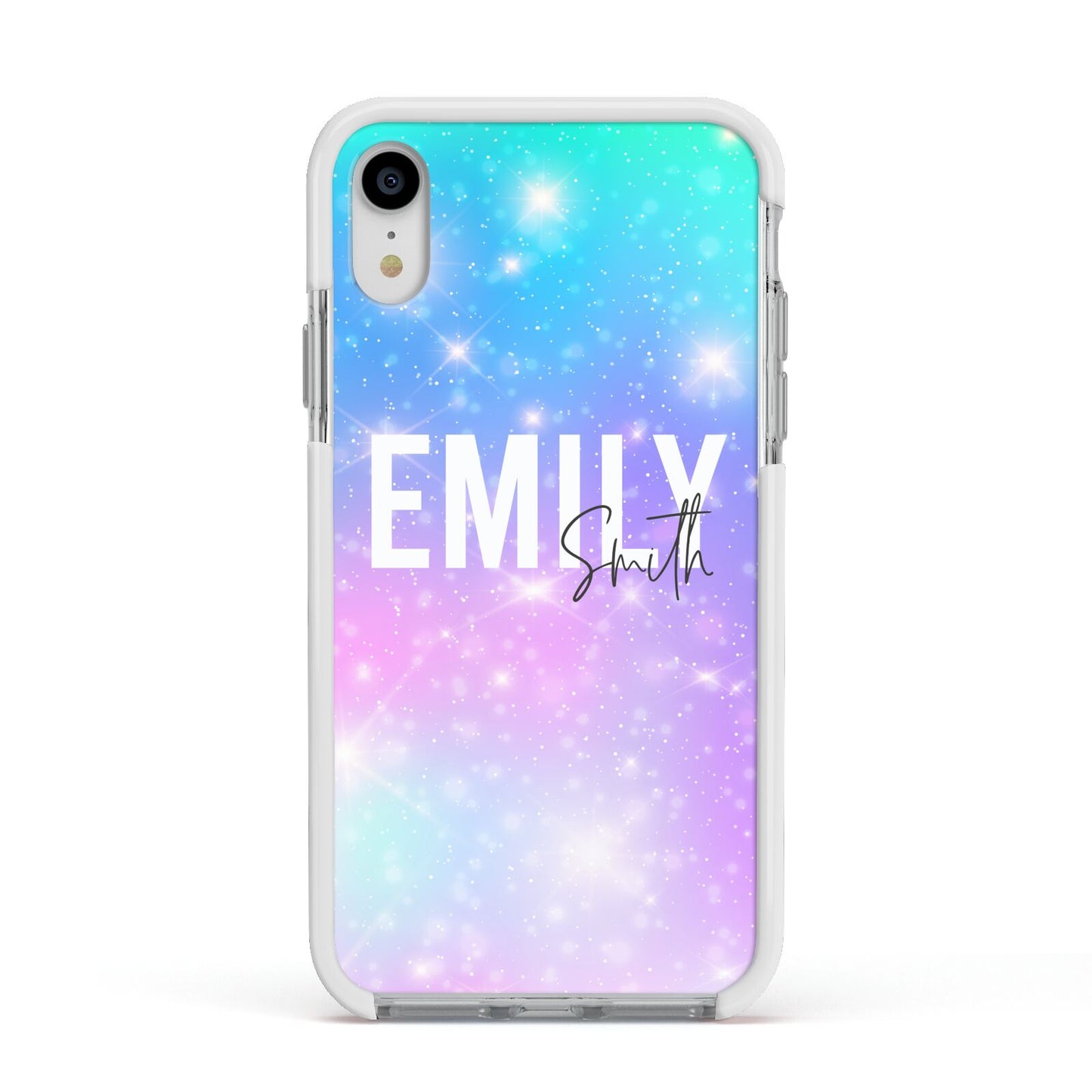 Personalised Unicorn Marble Name Apple iPhone XR Impact Case White Edge on Silver Phone