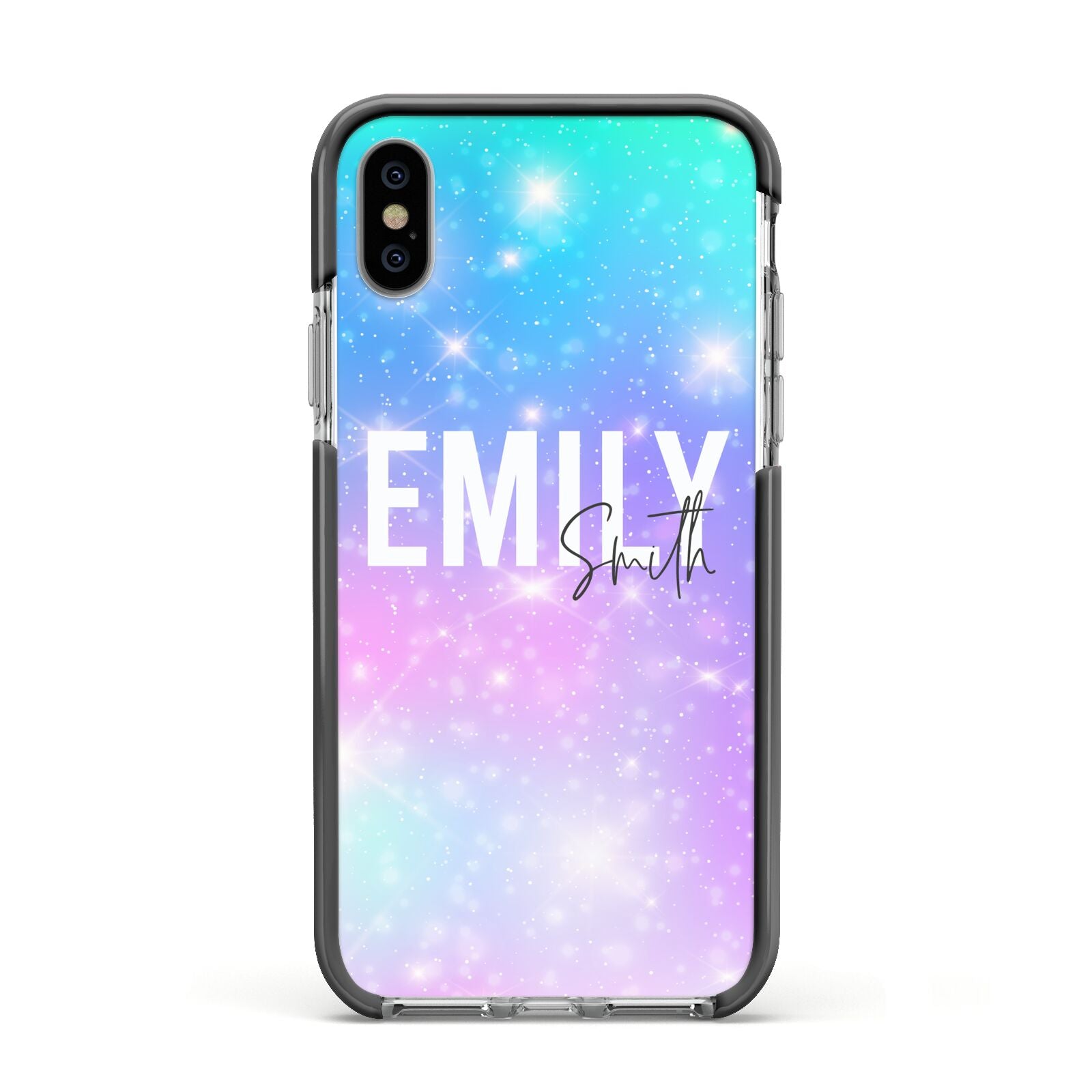 Personalised Unicorn Marble Name Apple iPhone Xs Impact Case Black Edge on Silver Phone