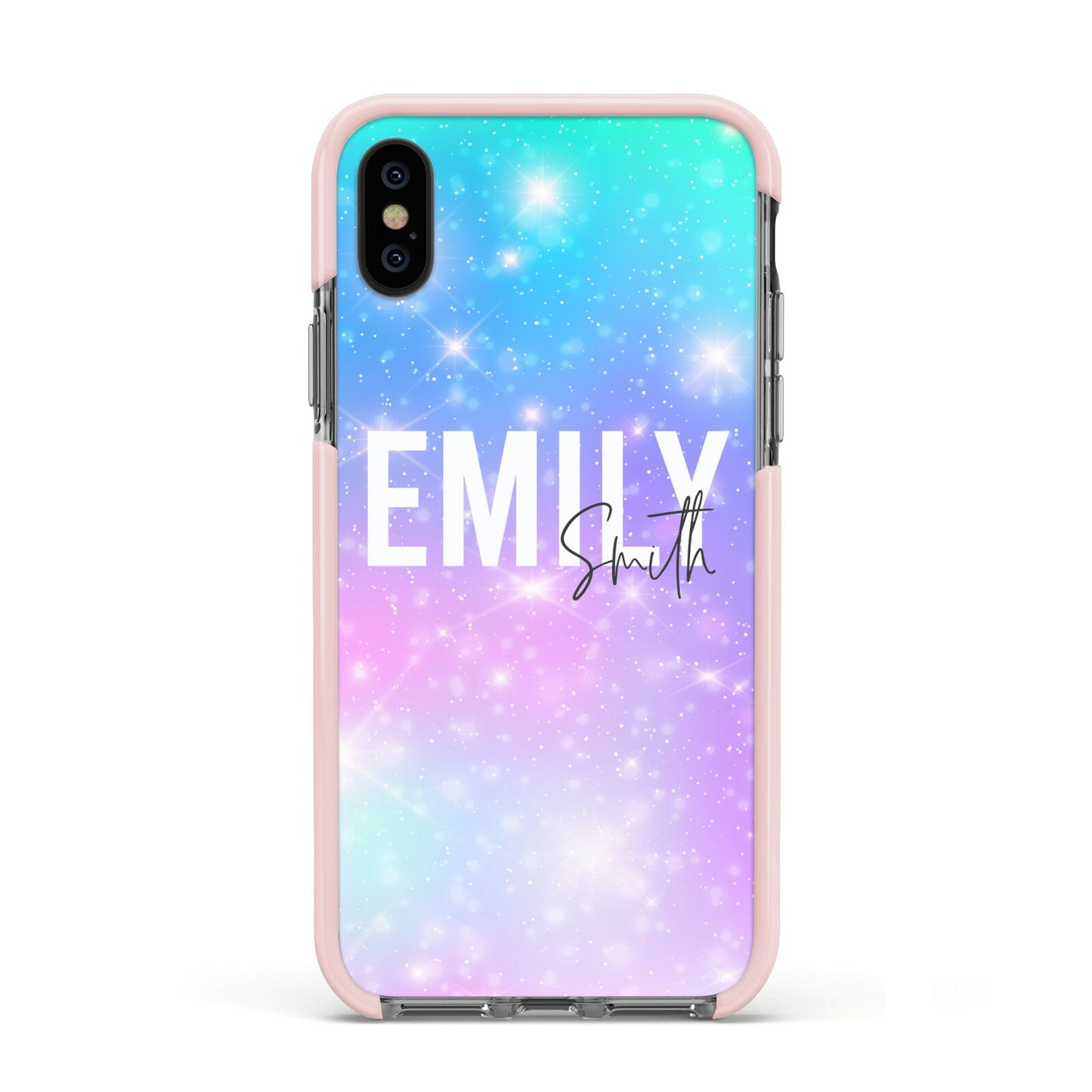 Personalised Unicorn Marble Name Apple iPhone Xs Impact Case Pink Edge on Black Phone