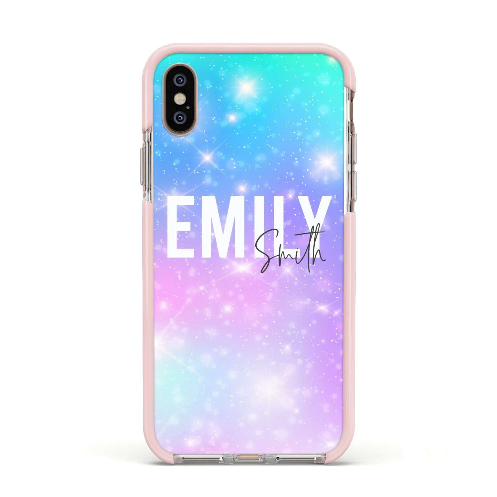 Personalised Unicorn Marble Name Apple iPhone Xs Impact Case Pink Edge on Gold Phone