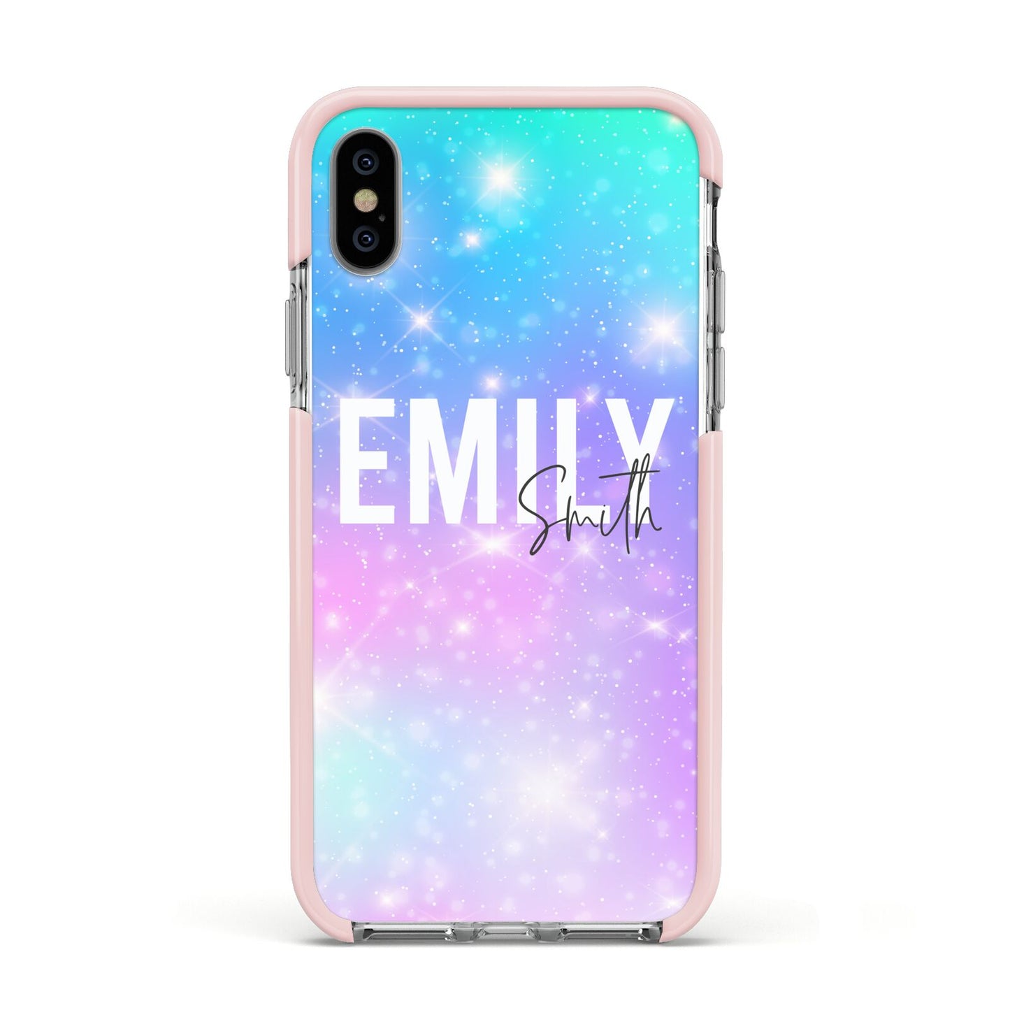 Personalised Unicorn Marble Name Apple iPhone Xs Impact Case Pink Edge on Silver Phone