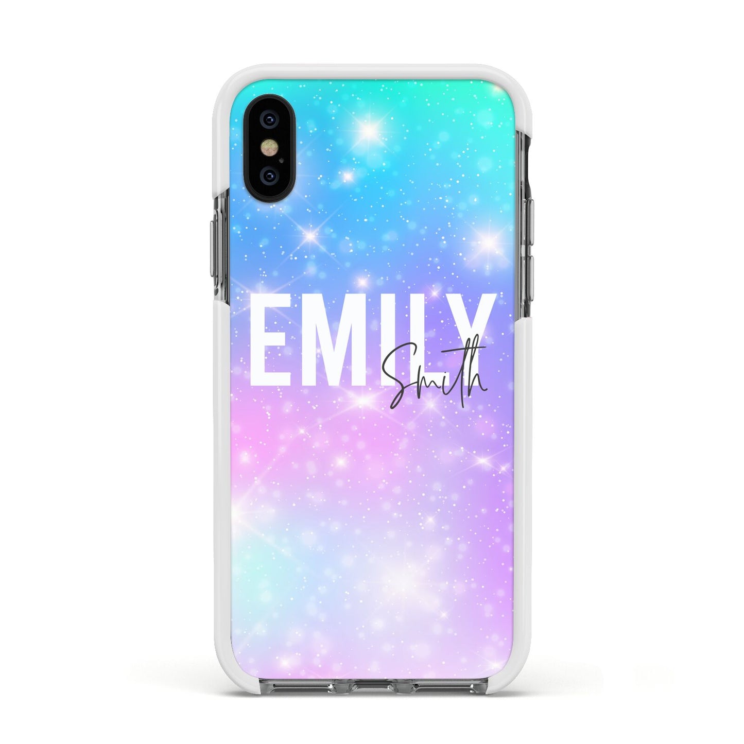 Personalised Unicorn Marble Name Apple iPhone Xs Impact Case White Edge on Black Phone