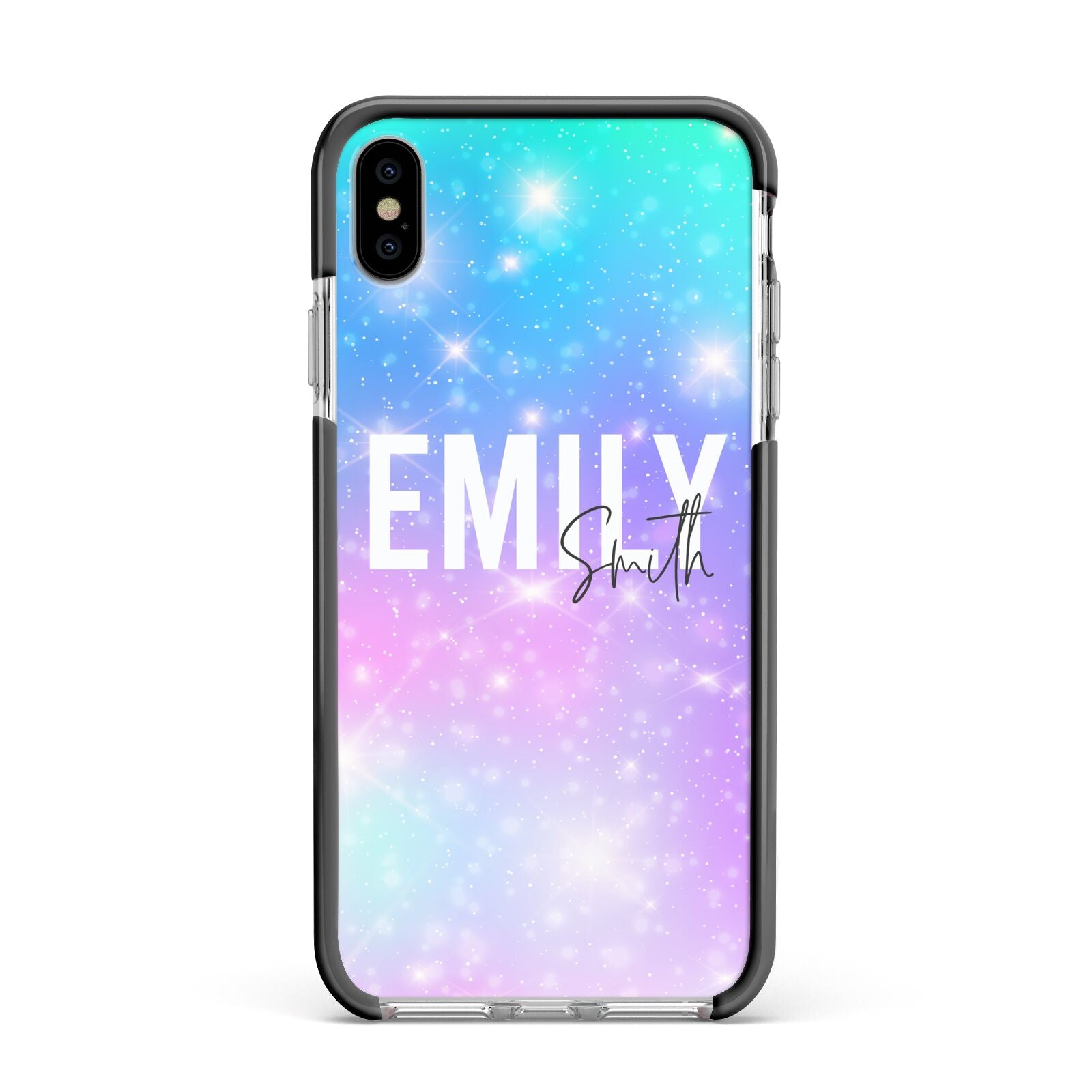 Personalised Unicorn Marble Name Apple iPhone Xs Max Impact Case Black Edge on Silver Phone