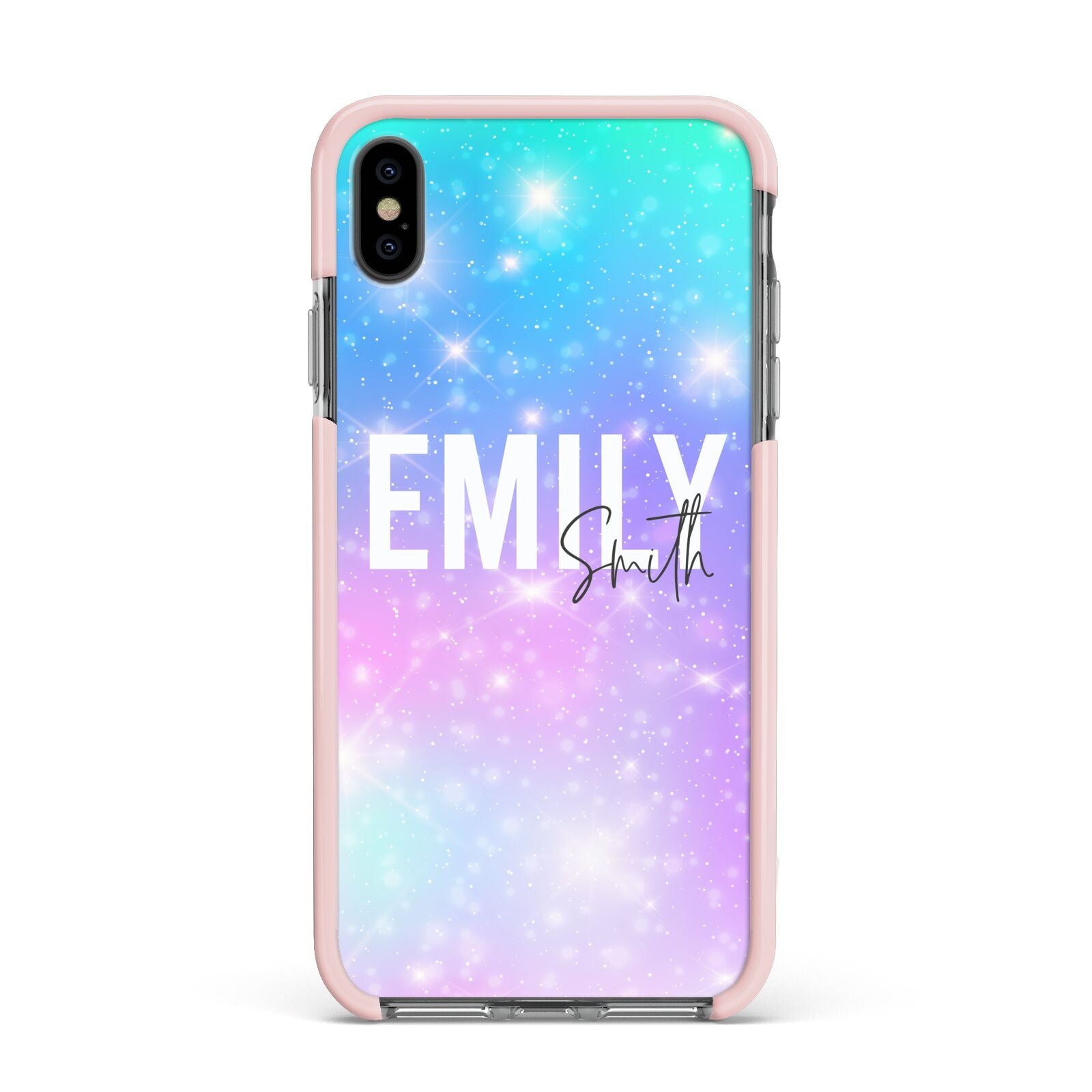 Personalised Unicorn Marble Name Apple iPhone Xs Max Impact Case Pink Edge on Black Phone