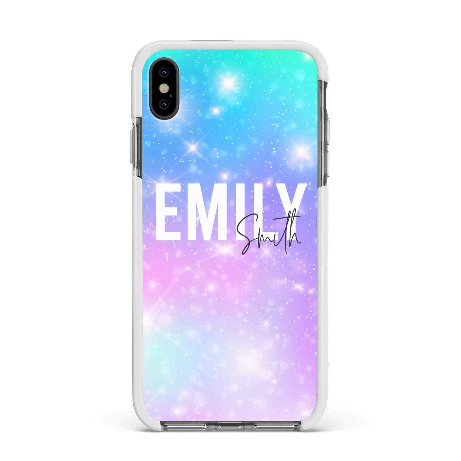 Personalised Unicorn Marble Name Apple iPhone Xs Max Impact Case White Edge on Black Phone