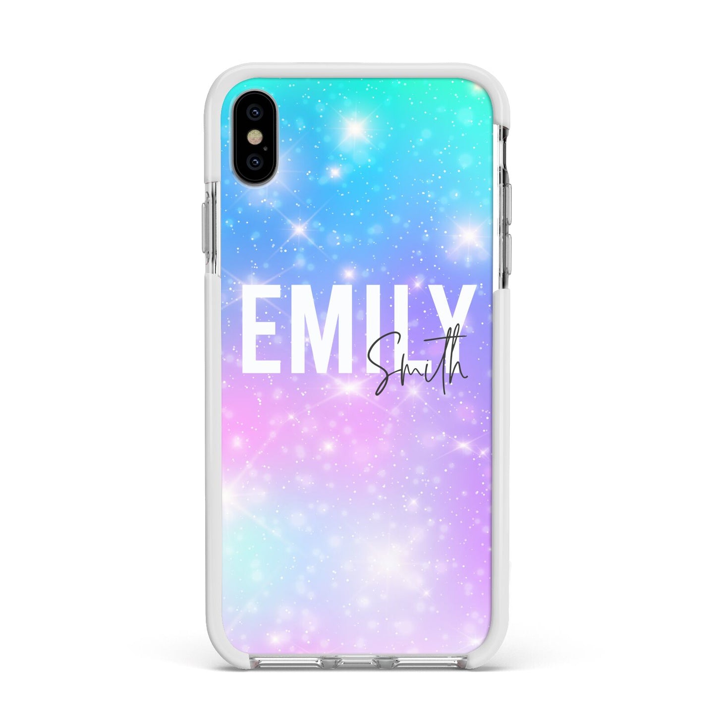 Personalised Unicorn Marble Name Apple iPhone Xs Max Impact Case White Edge on Silver Phone