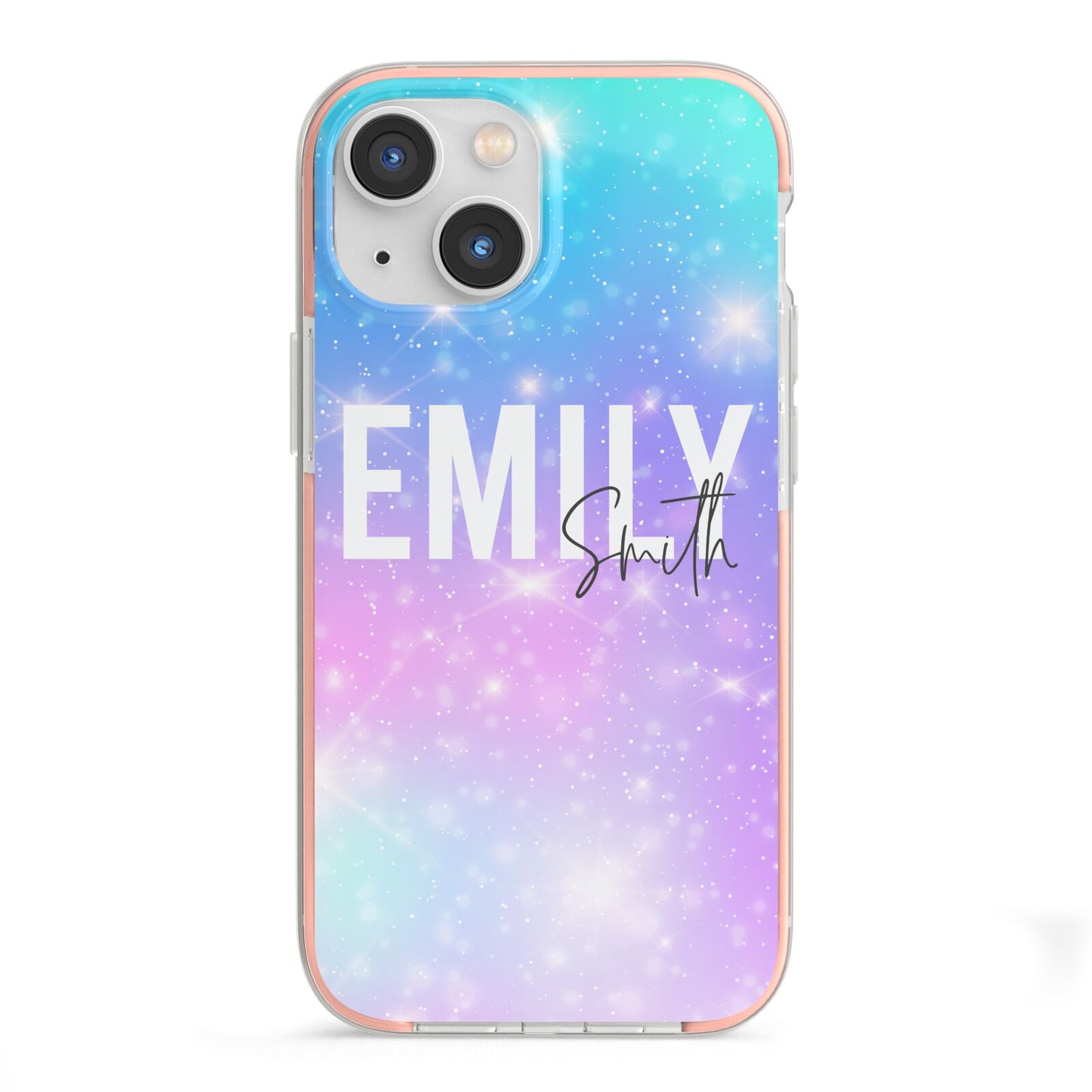 Personalised Unicorn Marble Name iPhone 13 Mini TPU Impact Case with Pink Edges