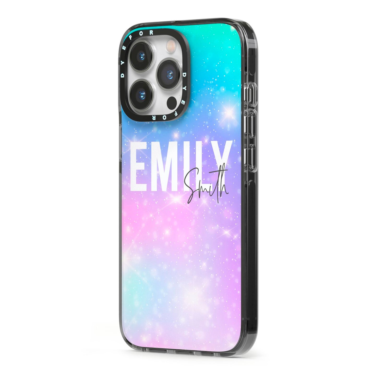 Personalised Unicorn Marble Name iPhone 13 Pro Black Impact Case Side Angle on Silver phone