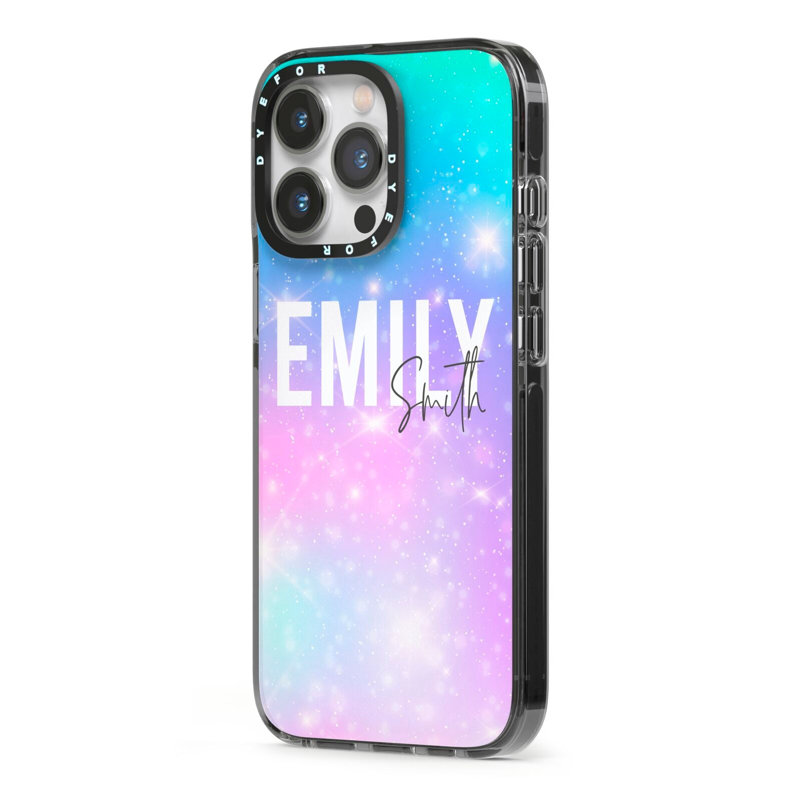 Personalised Unicorn Marble Name iPhone 13 Pro Black Impact Case Side Angle on Silver phone