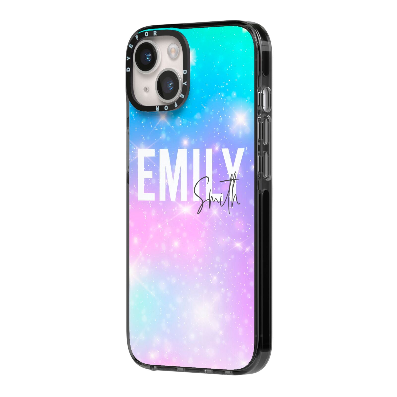 Personalised Unicorn Marble Name iPhone 14 Black Impact Case Side Angle on Silver phone