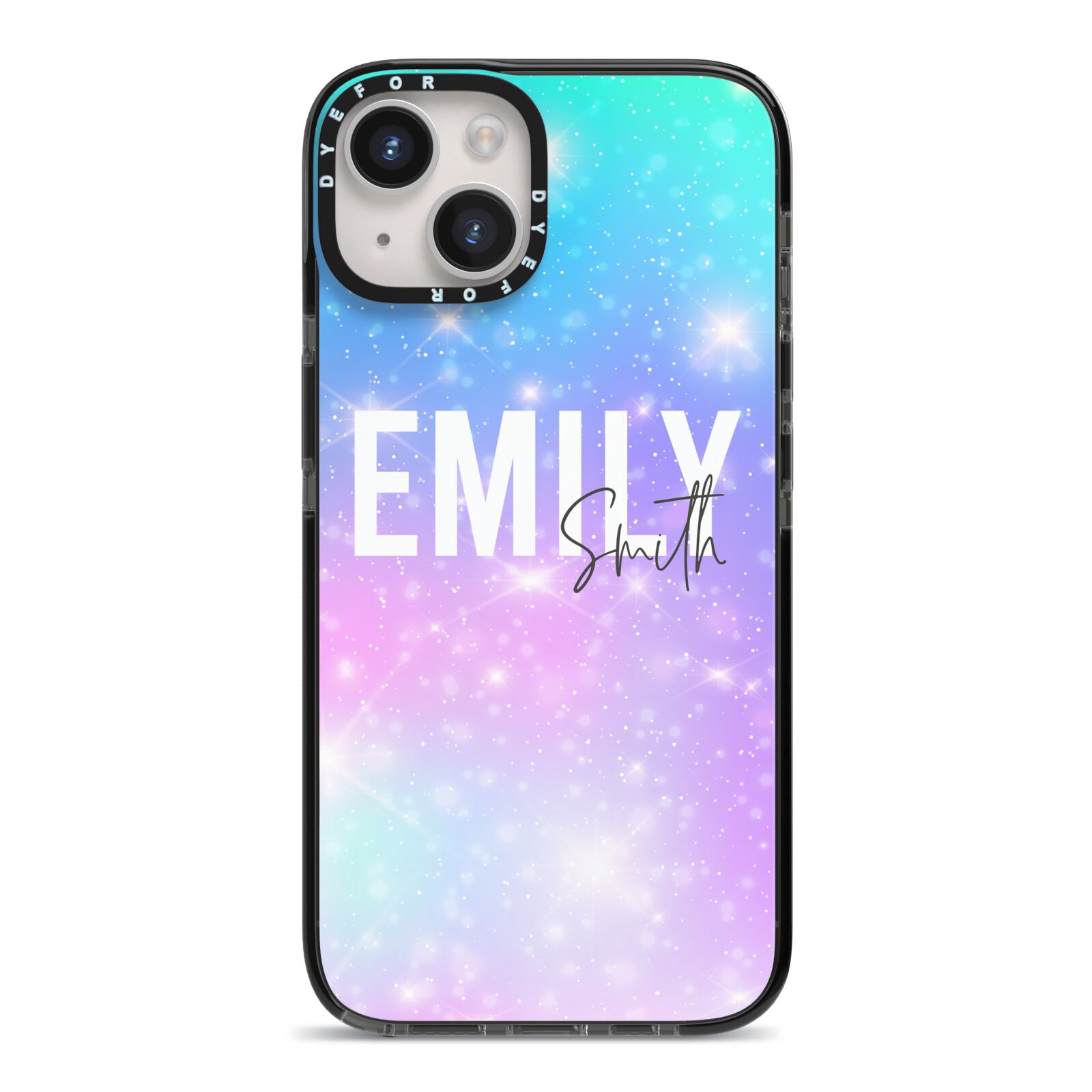 Personalised Unicorn Marble Name iPhone 14 Black Impact Case on Silver phone