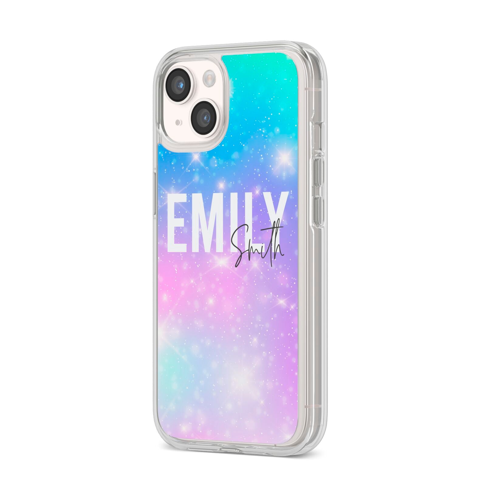 Personalised Unicorn Marble Name iPhone 14 Clear Tough Case Starlight Angled Image